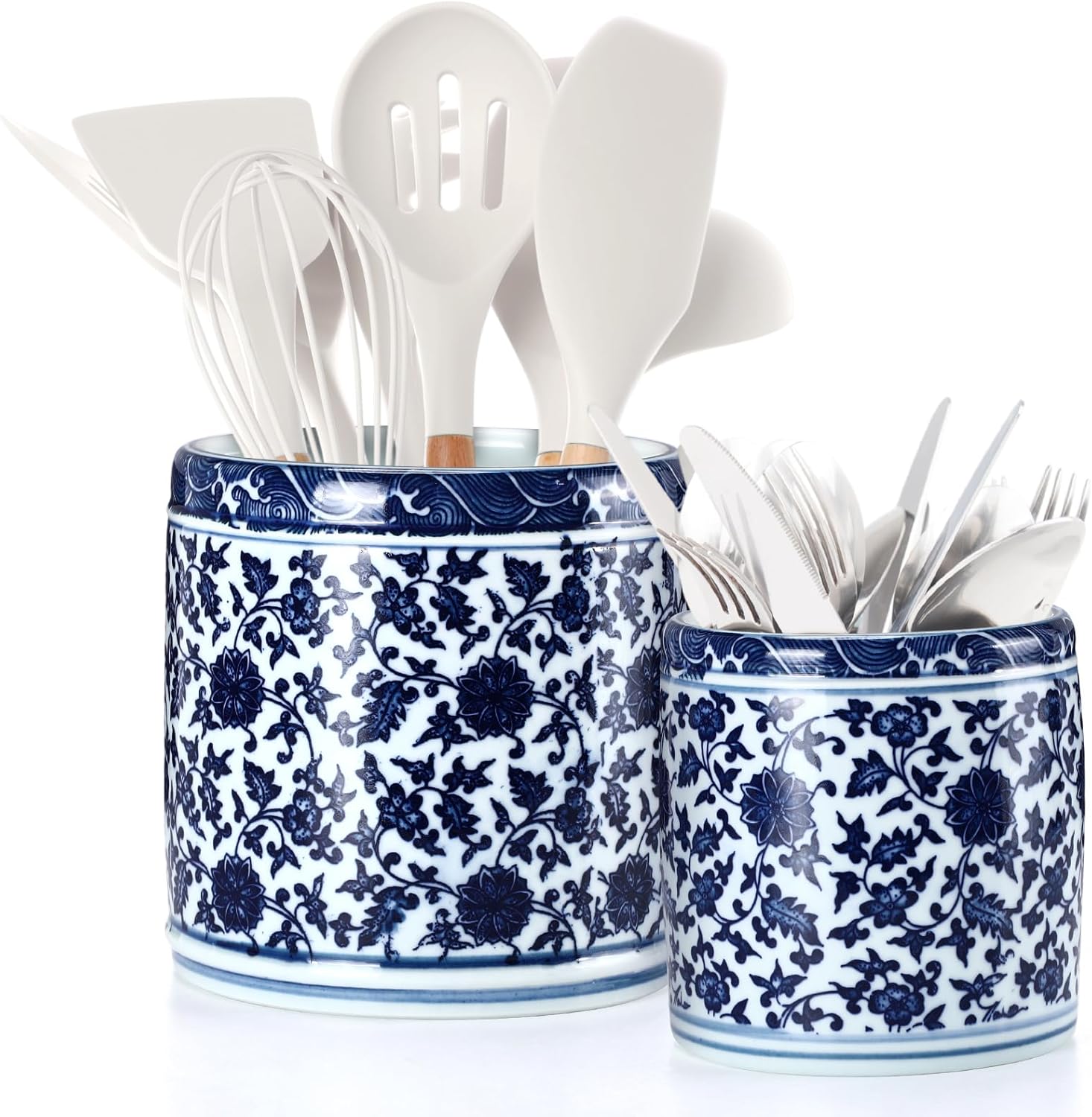 2 Pcs Blue and White Kitchen Utensil Holder 5"+6.1" Ceramic Kitchen Cooking Holder for Countertop Large Utensil Crock for Home Decor Parties Chinoiserie Blue
