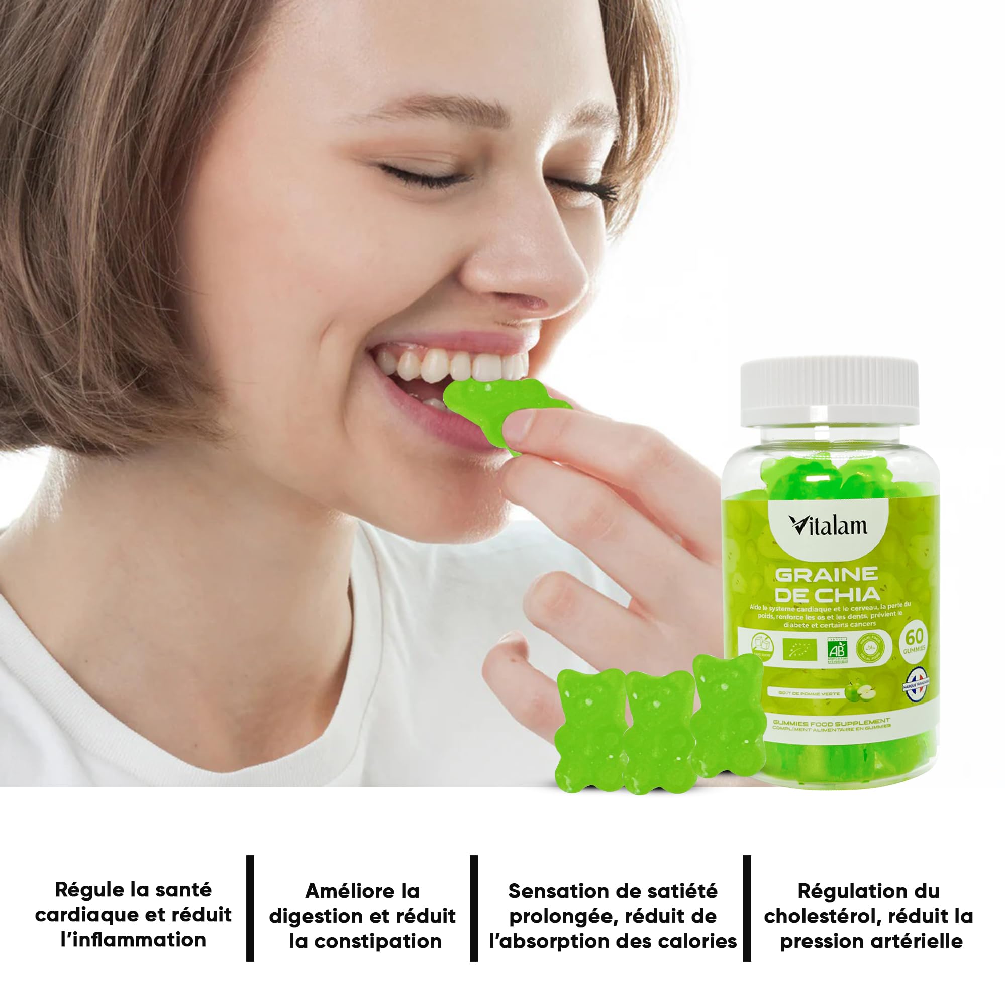 Graine de chia, Gummies Chia Minceur & Perte de Poids et de Tour de taille, Source de protéines, fibres et OMEGA 3, Complément alimentaire, Sans Sucre, 60 gummies, Goût Pomme