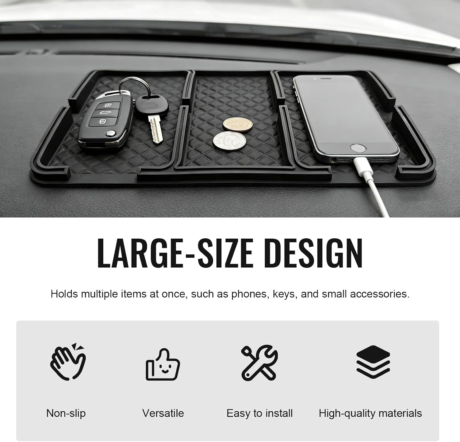 Car Dashboard Mat, Anti-Slip Strong Gripping Pad Auto Interior Storage Holder Mat, Multifunctional Car Center Console Tray Dash Organizer Pad for Phone Key Sunglass (Ordinary)