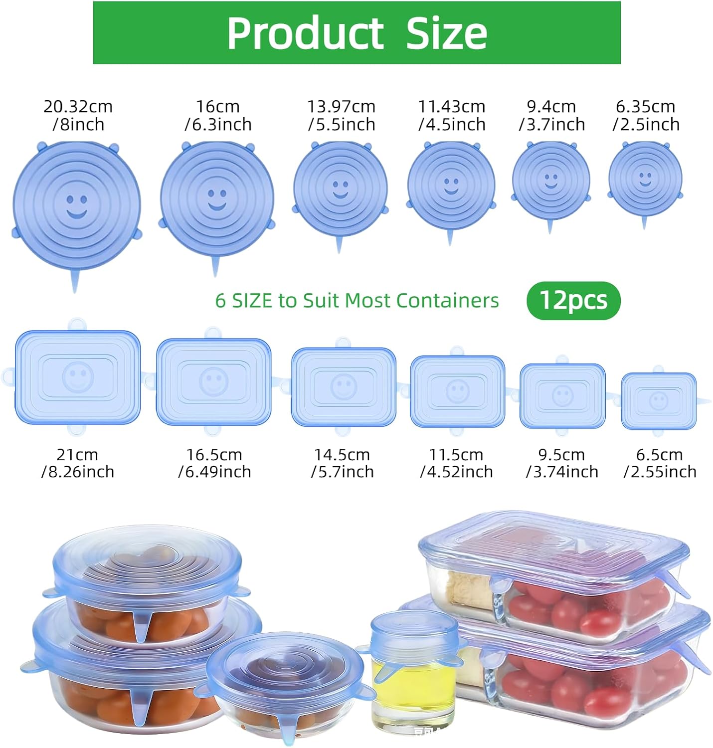 12 Pcs Silicone Stretch Lids,Silicone Lids For Food Storage,6 Sizes