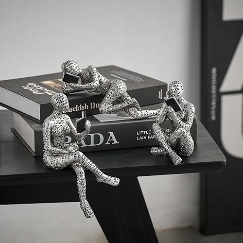 Miniatura 8 de FJS Juego de 3 estatuas de pensador de terciopelo negro, estatua de arte, decoración de sala de estar, decoración moderna de escultura para mesa de