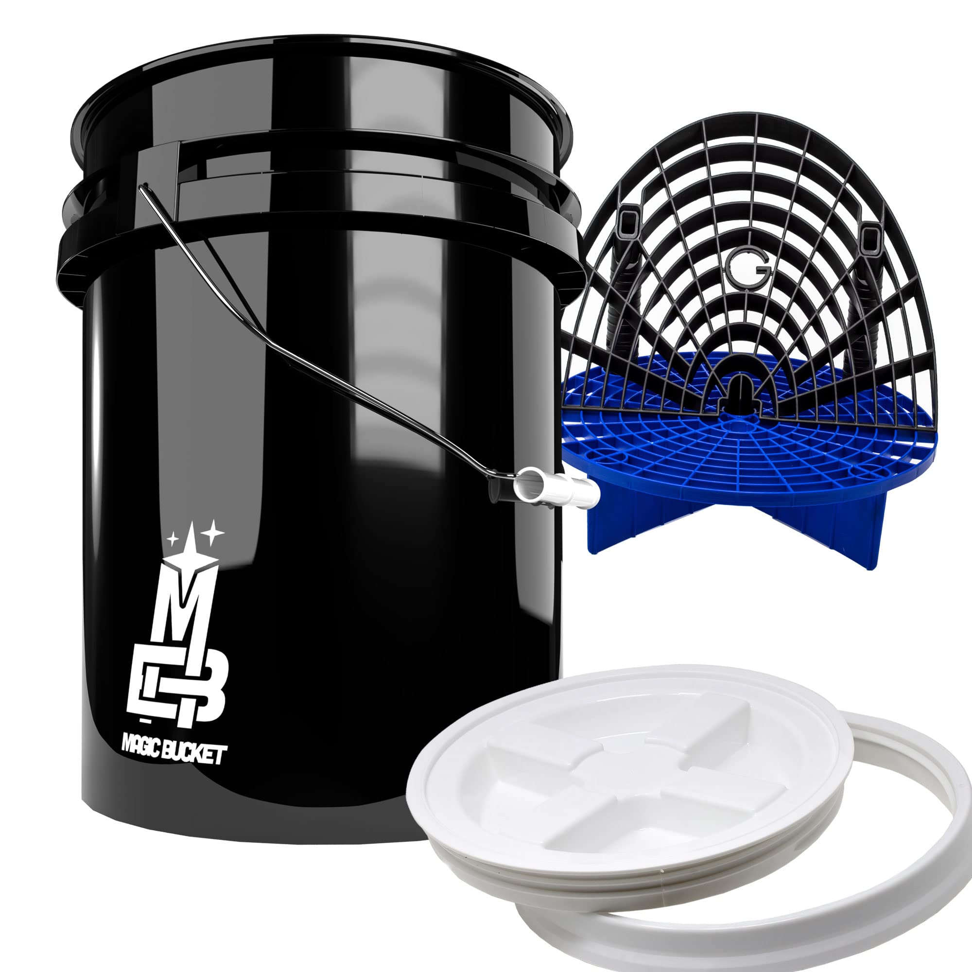 Detailmate professionelles Wasch Eimer Set: Magic Bucket Wascheimer 5 GAL (ca. 20 Liter), Gamma Seal Eimerdeckel weiß, GritGuard Schmutz Einsatz blau, GritGuard Washboard schwarz