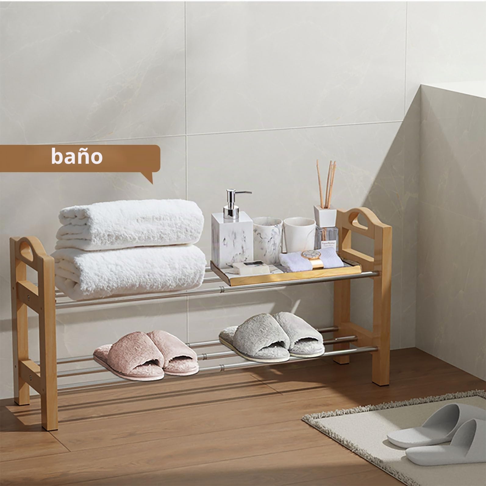 LEMIKKLE Organizador de zapatos de madera expandible para entrada, zapatero de acero inoxidable de 2 niveles, organizador de almacenamiento y organización, montaje simple, tamaño máximo (32-18-9.4