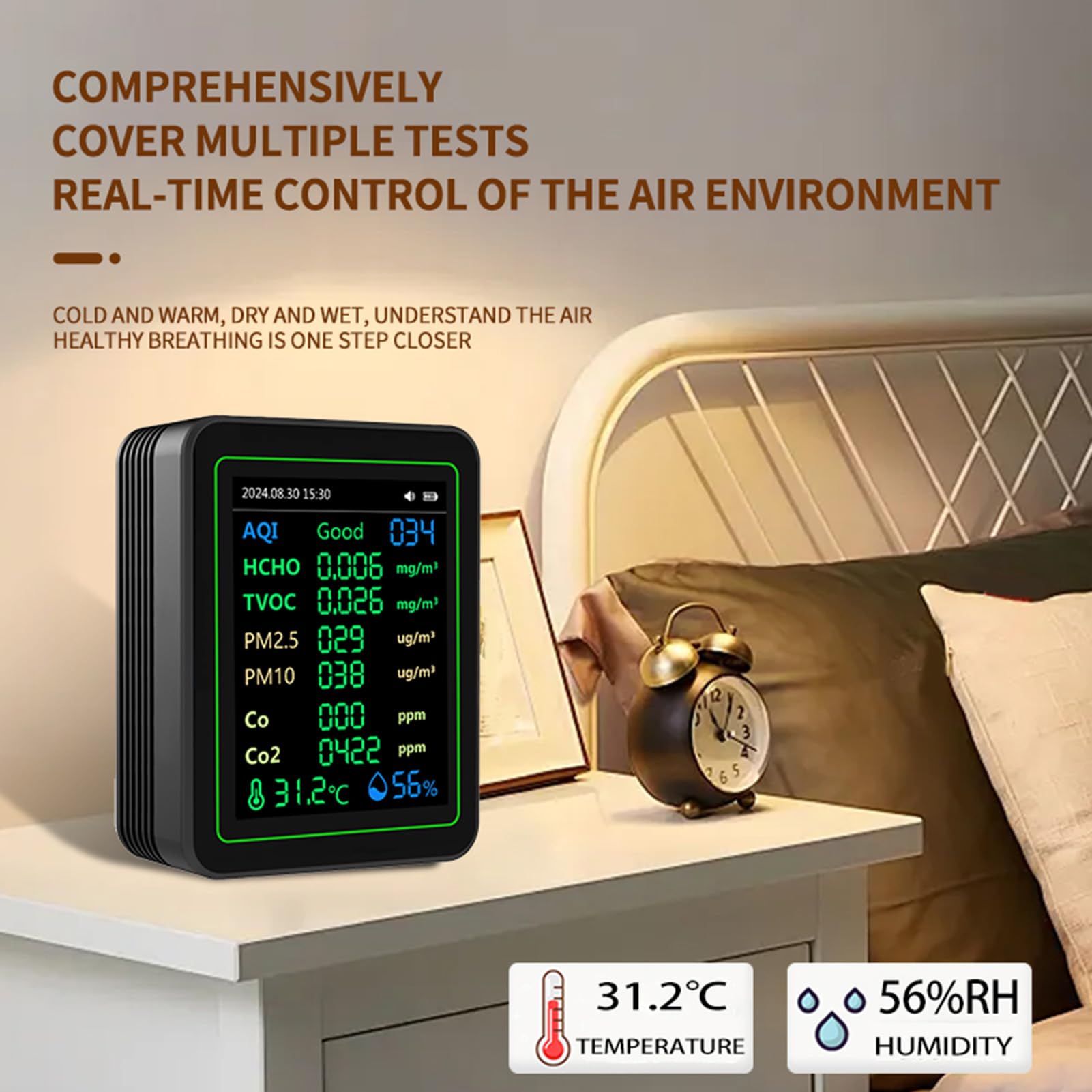 Tester qualità Aria, Rilevatore di umidità Temperatura CO2 HCHO TVOC PM2.5 PM10 con Schermo e Confronto HCHO, per il Monitoraggio della qualità Aria Interna Uffici Domestici (BLACK)