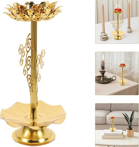 Miniatura 9 de 2 portavelas de loto de aleación dorada, soporte de lámpara de mantequilla budista para meditación, altar del hogar y decoración del templo, diseño