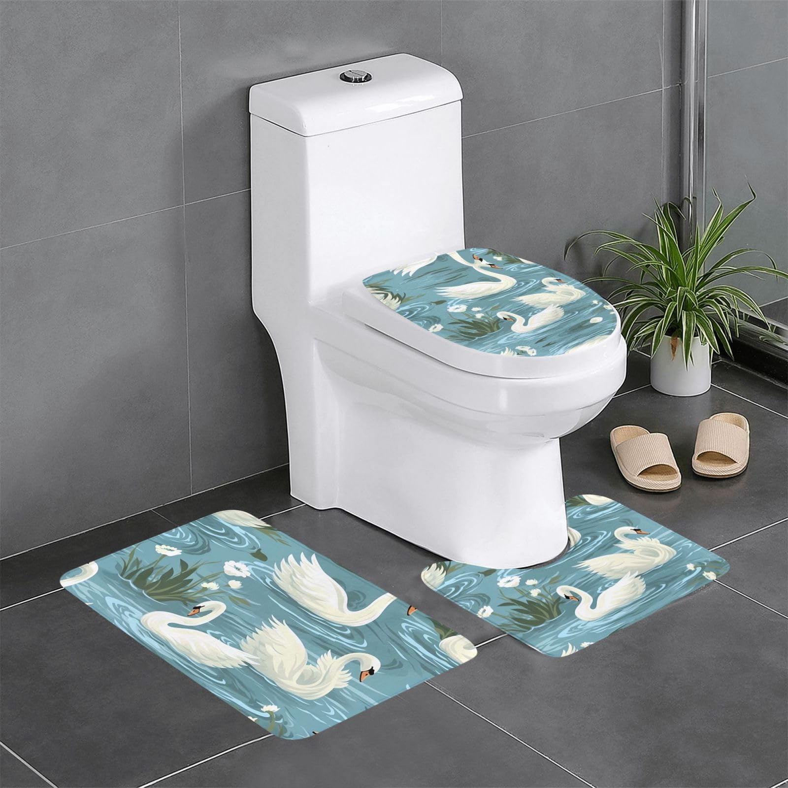 Tapis de salle de bain antidérapant motif cygne blanc absorbant lot de 3