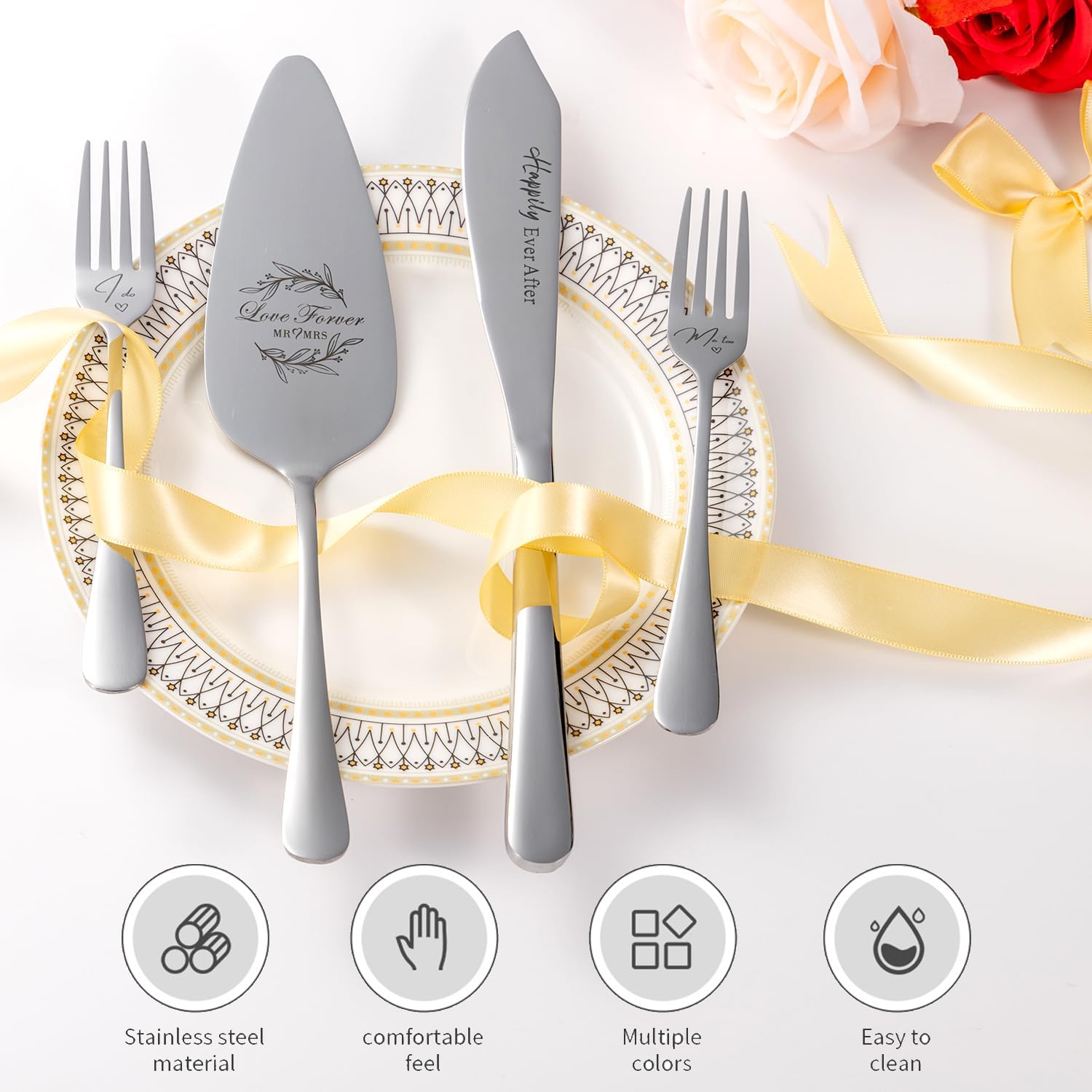 Wedding Cake Knife and Server Set, Mr and Mrs Champagne Flutes & Forks with Wooden Box, Silver Cake Cutting Set for Wedding Engagement Bridal Shower Gifts - Image 4