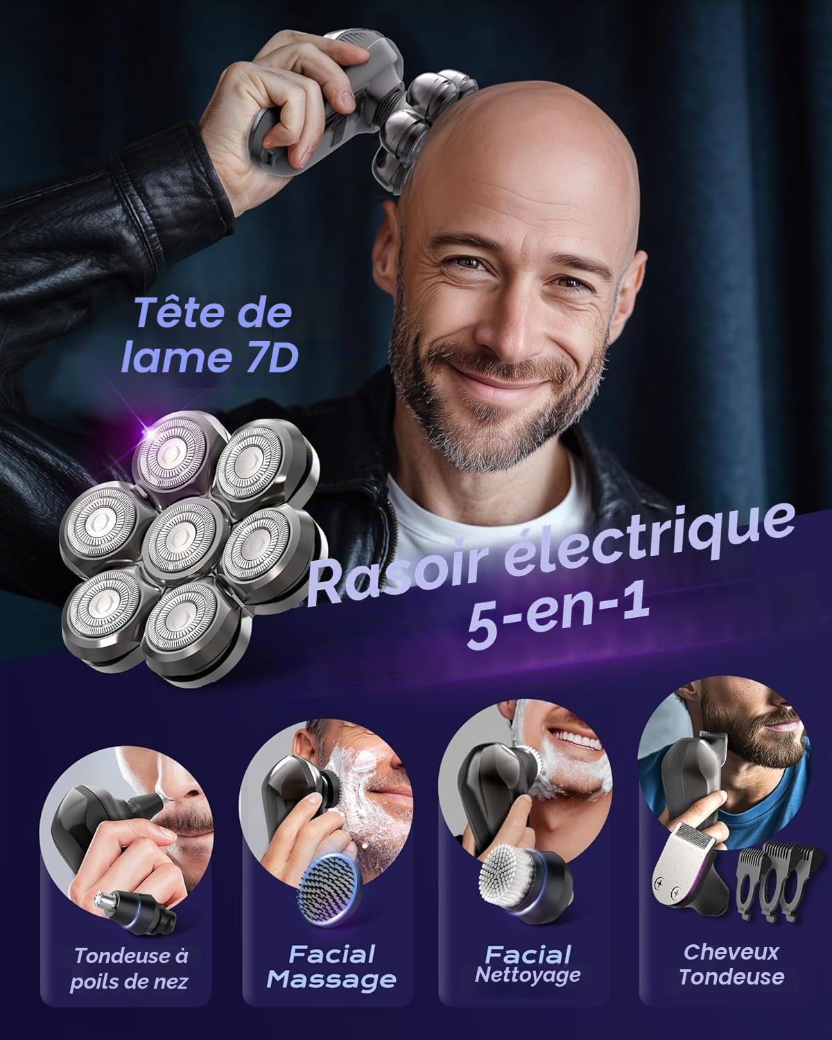 Rasoir Tete Chauve Homme, 7D Magnétique Amélioré Rasoir Crane Homme Chauve, Rasoir Électrique Humide/Sec Étanche IPX7, Kit de Toilettage de Barbe avec Écran LED, Facile à Nettoyer, Chargement USB-C