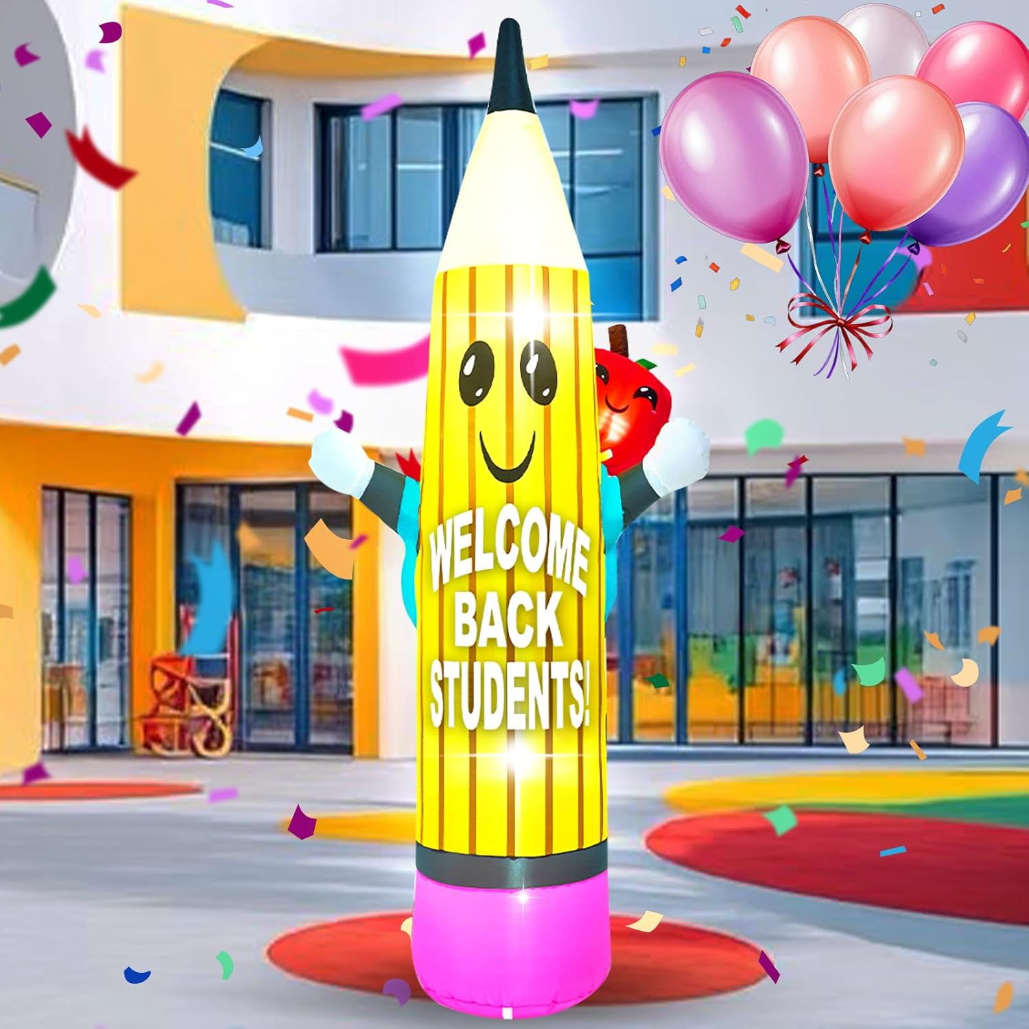 8FT Back to School Inflatable Decoration, inflatable pencil with School Bag, Outdoor Decoration with LED Lights for Outdoor, Indoor, Patio, Lawn Garden Inflatable Decoration
