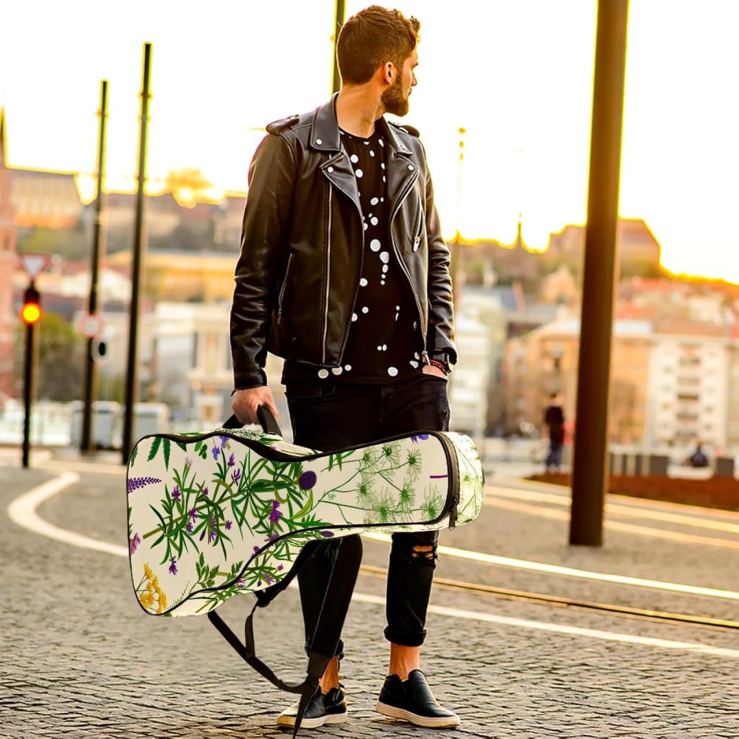 Acoustic Guitar Bag 0.4 Inch Thick Padding Waterproof Guitar Case Gig Bag for 40 41 42 Inch Electric Bass Classical Guitar, Seamless Herbs and Floral Meadow Herbs Collection