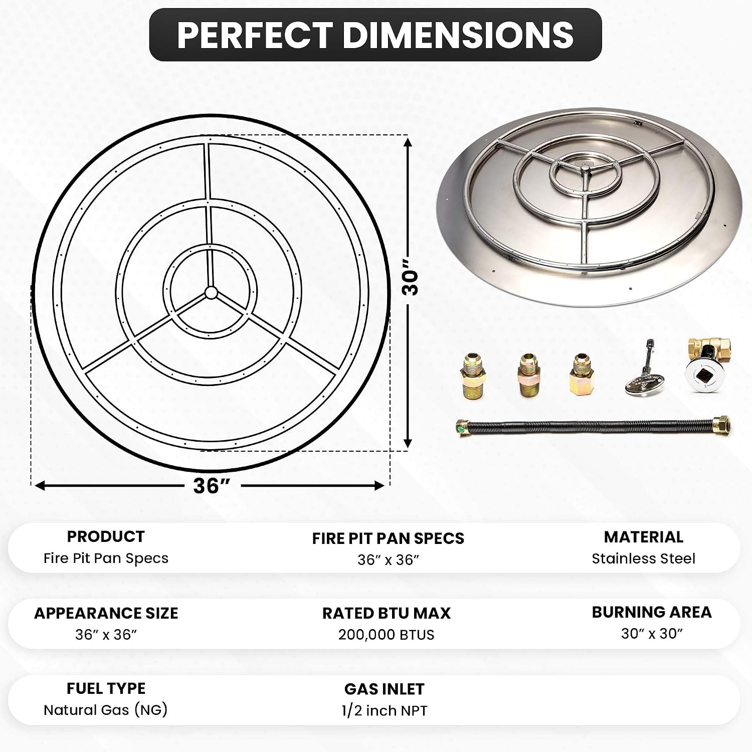 Stainless Steel Fire Pit Burner Pan & Ring Standard Kit – Stainless Steel, for Natural Gas Fire Pits, 36-Inch Burner Pan, 30-Inch Burner Ring, 200,000 BTU Max Output