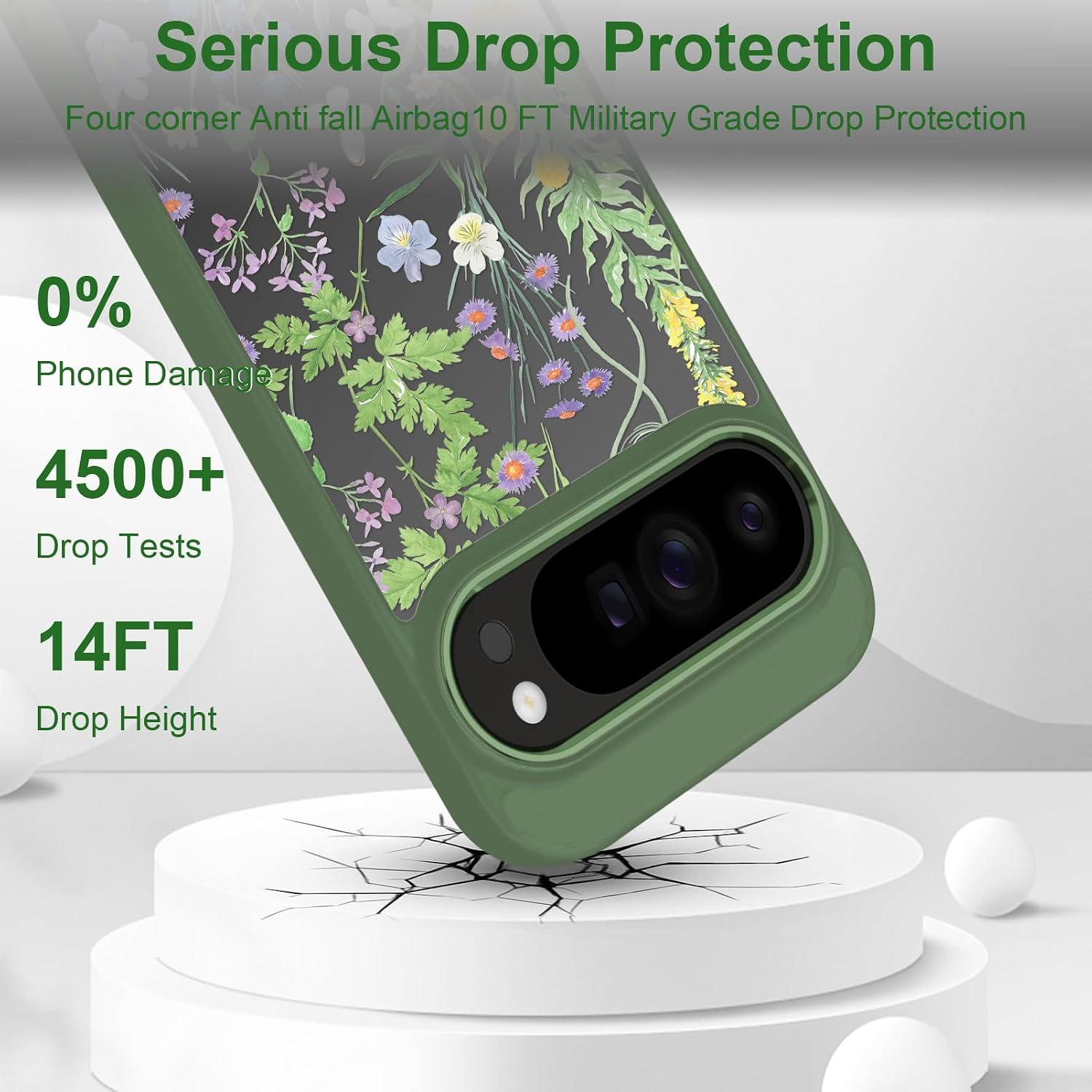 for Google Pixel 9/9 Pro Case with Tempered Glass Screen Protector Slim TPU & Hard PC Phone Cover, Crystal Clear Floral Pattern Design for Girls Women-Vine/Green