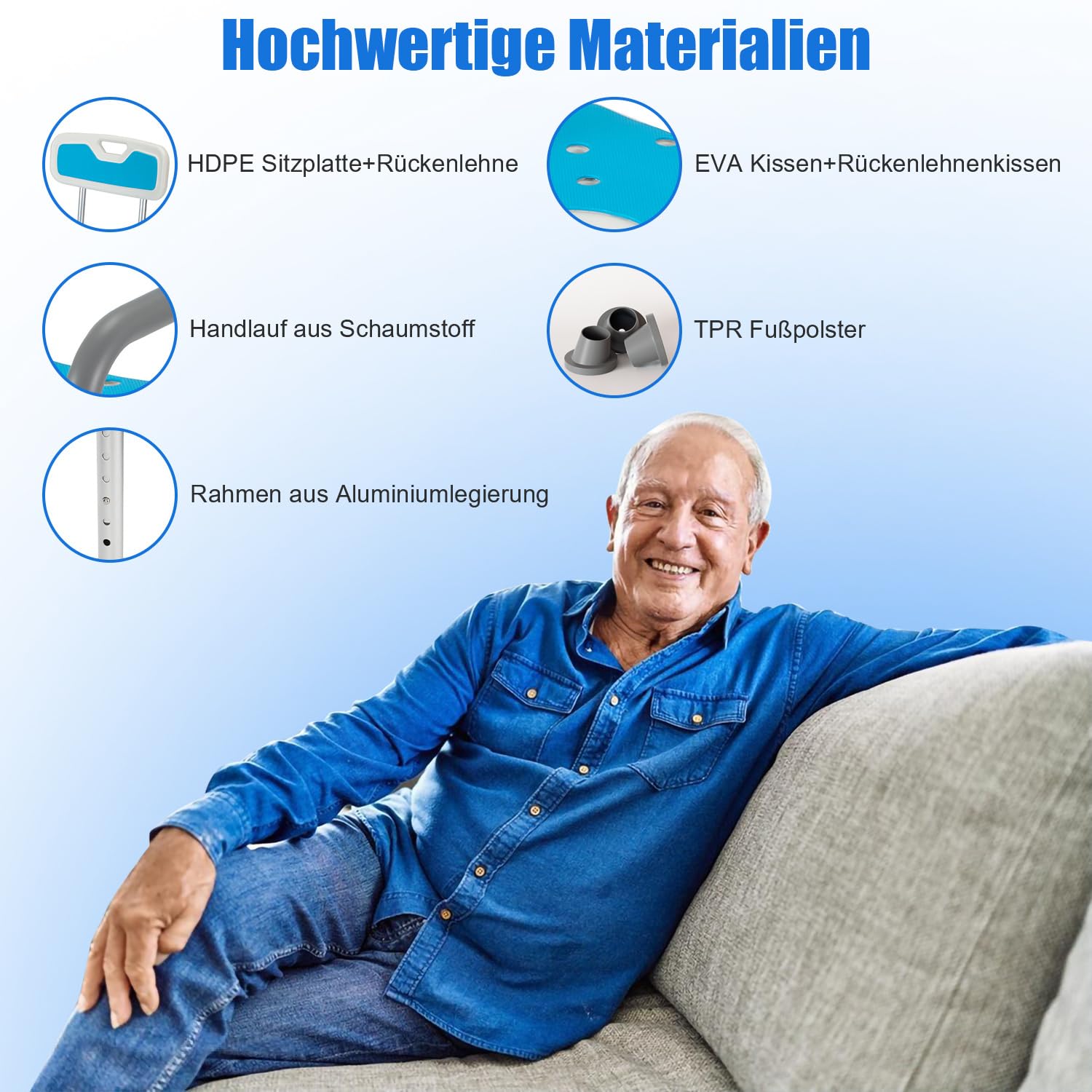 Duschhocker Duschstuhl mit Abnehmbarer Armlehne und Rückenlehne höhenverstellbar Badhockerund 37.5-50.5 cm Anti-Rutsch-Füße Stabil duschstuhl für senioren