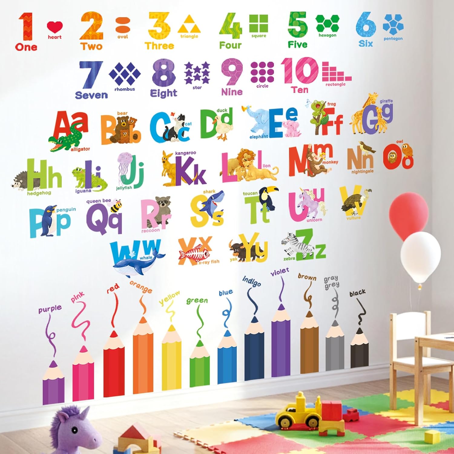 DECOWALL SG3-2316 Alphabet Numbers and Colouring Pencils Wall Stickers Decals Classroom Kids playroom Art Play Room Rainbow ABC Decorations Toddler Color Child Preschool Living Baby Girl Baby boy