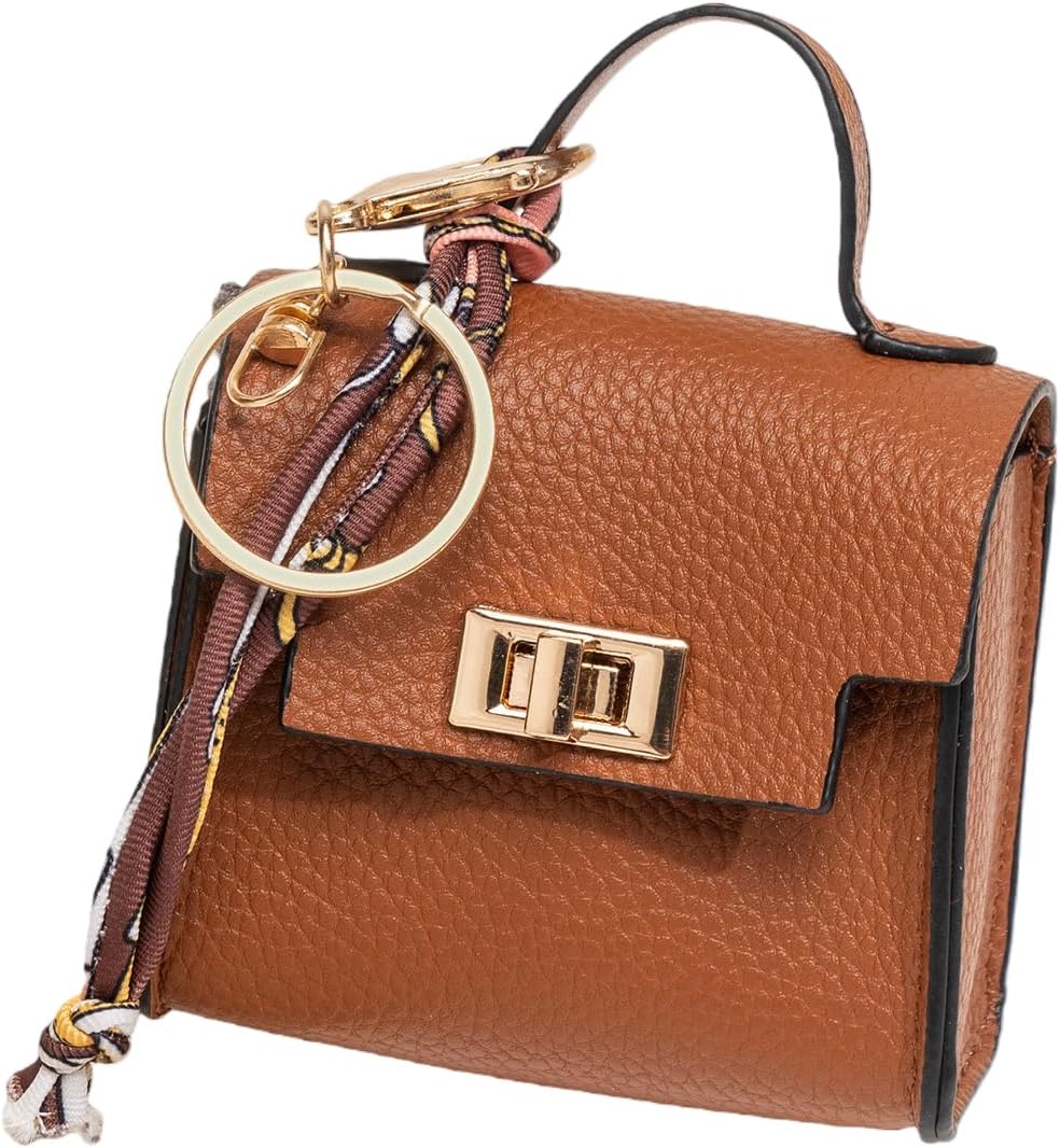 Keychain Coin Purse for Women Cute Purse Charm Faux Leather Mini Purse for Earbuds Car Keys Case Chic Bag Charm With Twist-lock Change Pouch (Brown)