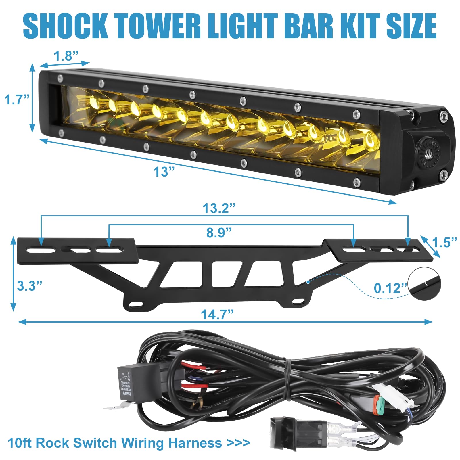 Maverick X3 Shock Tower gelbe Lichtleiste mit Halterung und Wippschalter-Kabelbaum-Set für 2017–2025 Can-Am Maverick X3 & X3 MAX Zubehör, UTV 60 W superhelle 30,5 cm LED-Lichtleiste