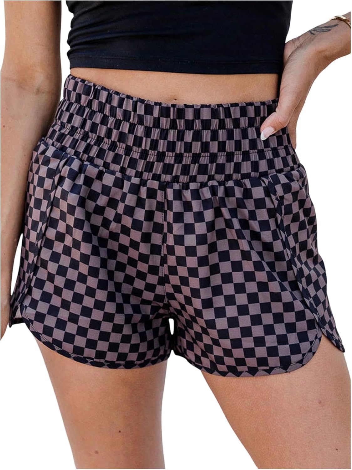 SOLY HUX Women's Plaid Shorts Checkered Shirred High Waisted Casual Summer Shorts