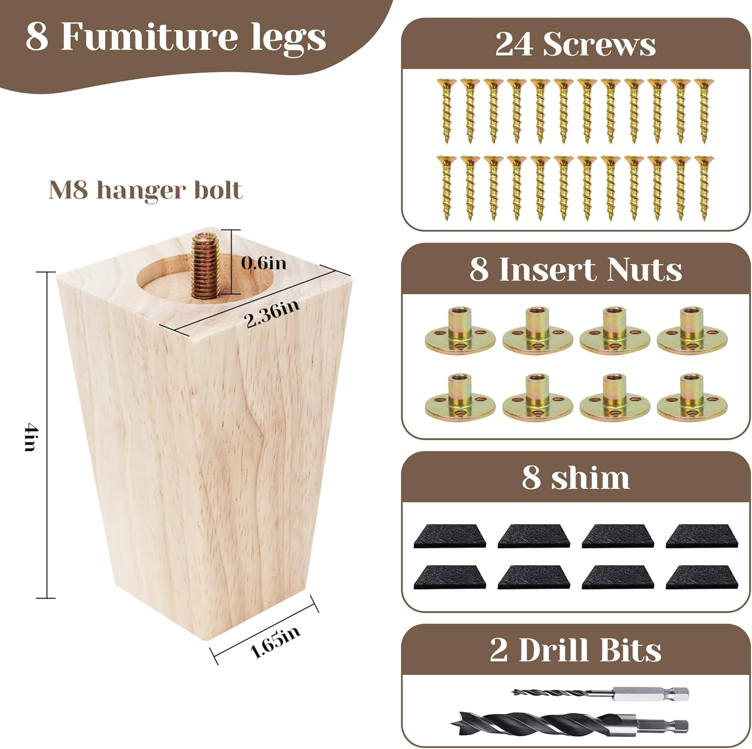 4inch Furniture feet Table Legs Couch Legs Unfinished Square Bed Feet 4 inch Wood Replacement Leg for Furniture Set of 8, Natural (8set, 4in)