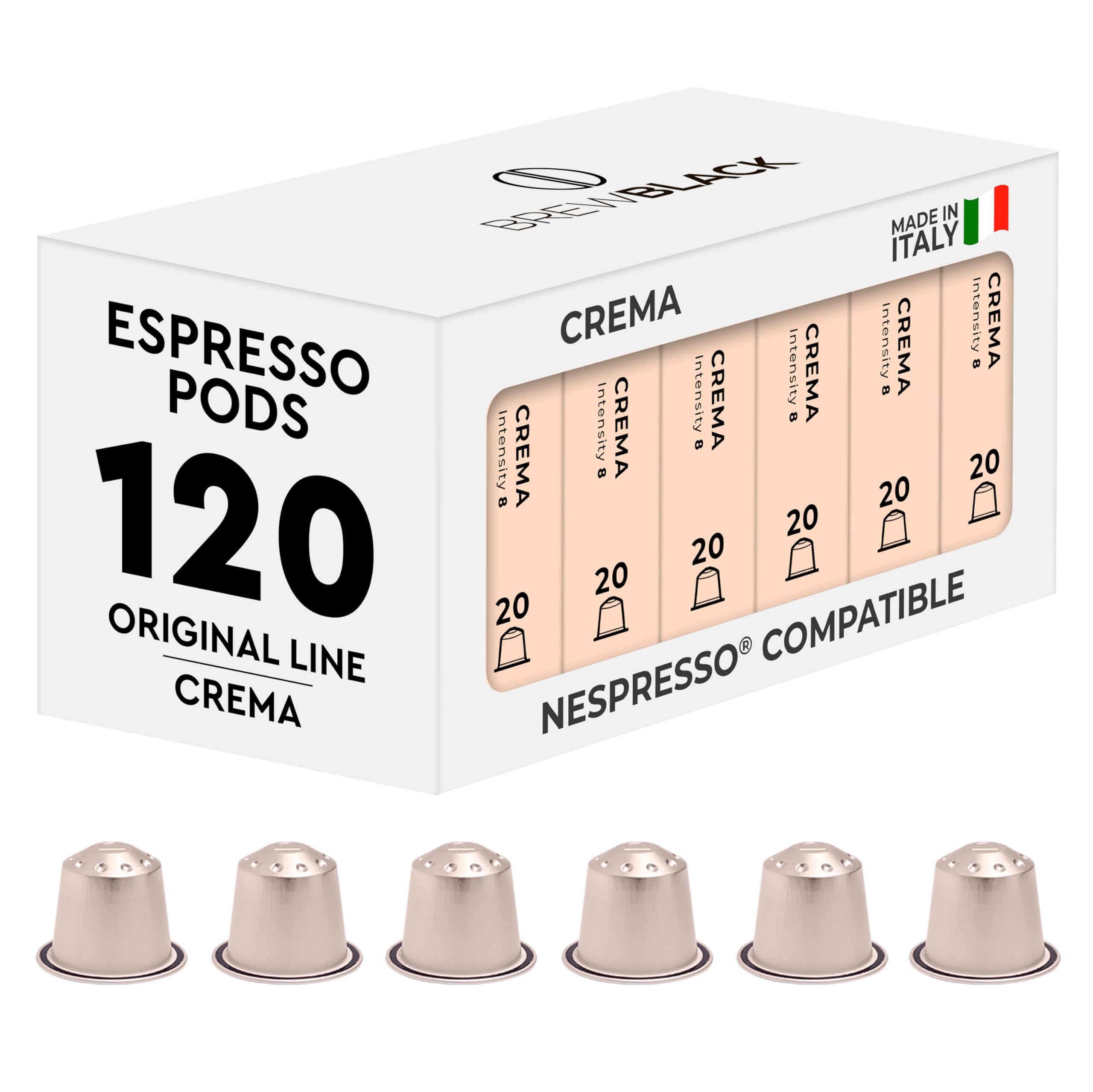 BrewBlack Crema Coffee Capsules - 120 Aluminum Coffee Pods Compatible with Nespresso Original line, Medium Roast - Intensity 8/12, Made in Italy
