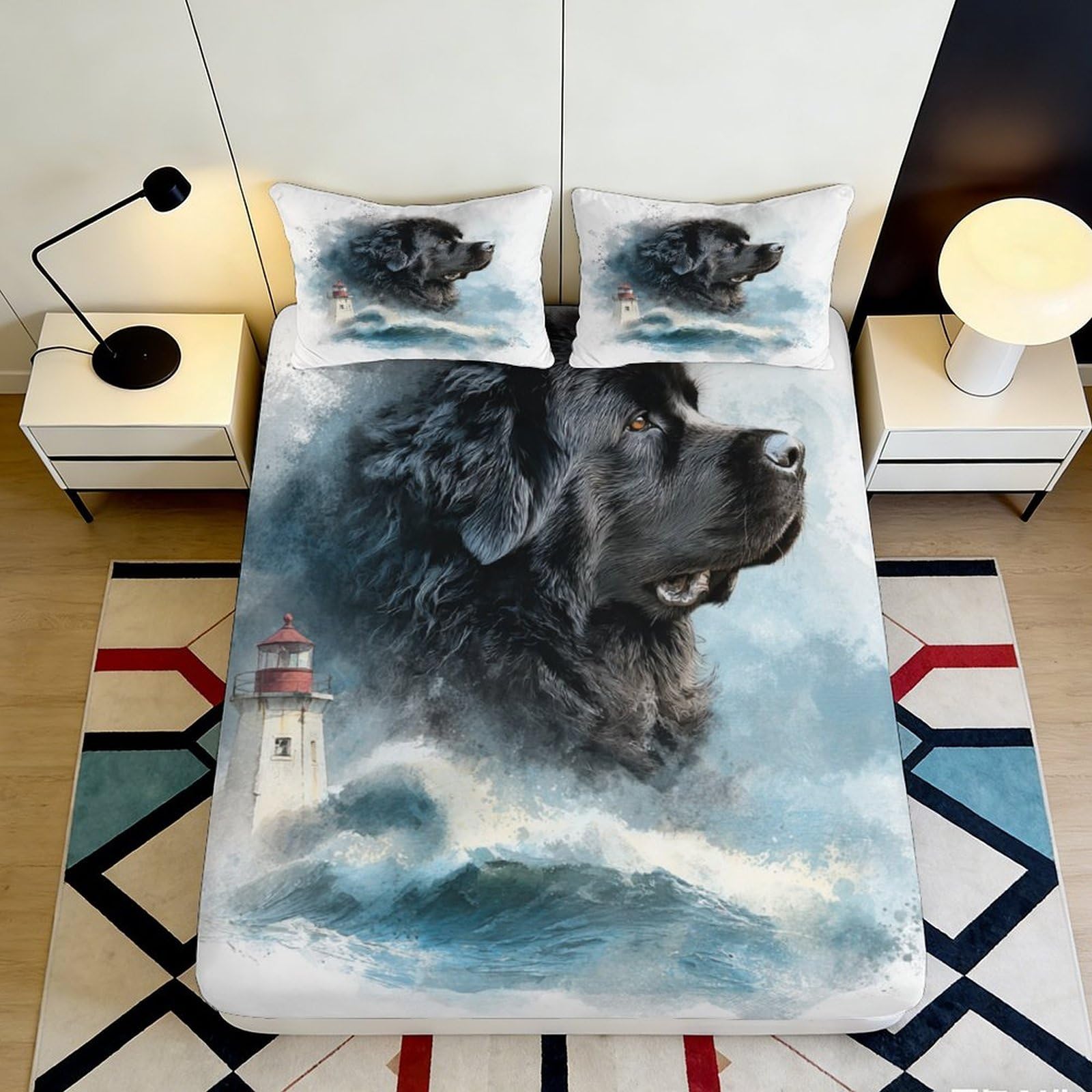 3D Printed Lighthouse Ocean Dog Fitted Sheet Microfiber Anti-Slip Bed Cover for Bedroom Guest Room Decor Easy Care 200x200x25cm