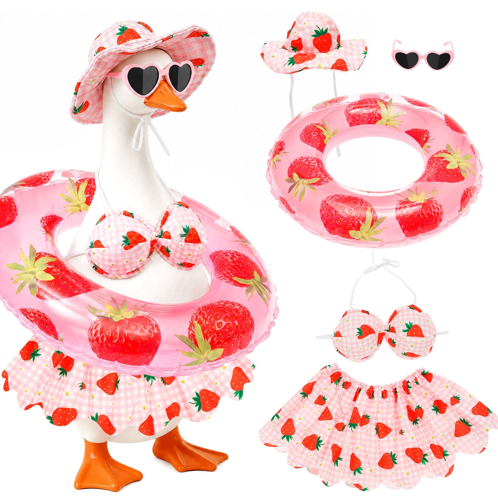 Kuanght 5 Pcs Hawaiian Porch Goose Outfits, Summer Lawn Goose Costume with Swim Ring, Bra, Skirt, Hat and Sunglasses, Yard Geese Dress Garment for Garden, Patio and Yard Decoration