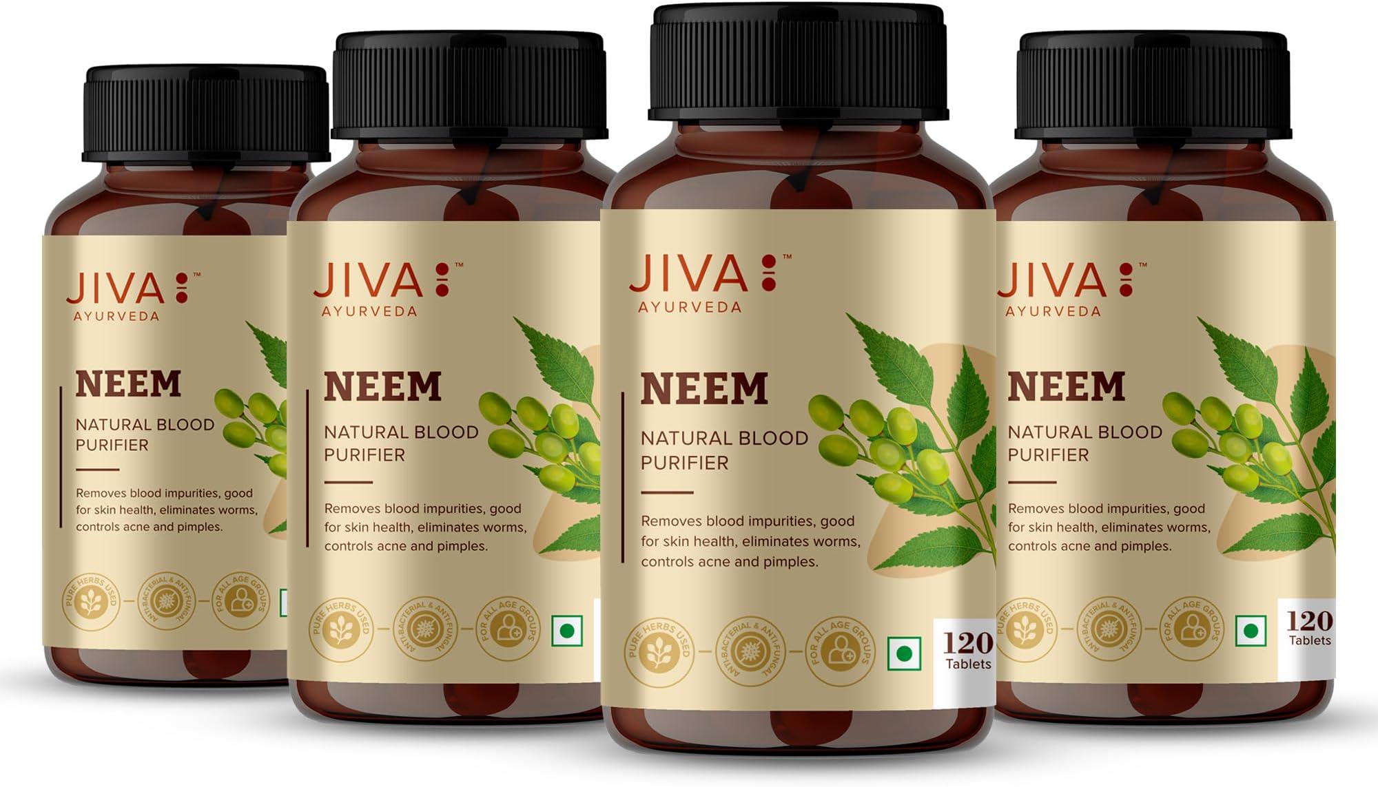 Jiva Ayurveda Neem Tablets 500mg 480 Tablet | Helps to Remove Impurities, Good For Skin | Helps To Control Acne & Pimples - 120 Tablet (Pack of 4)