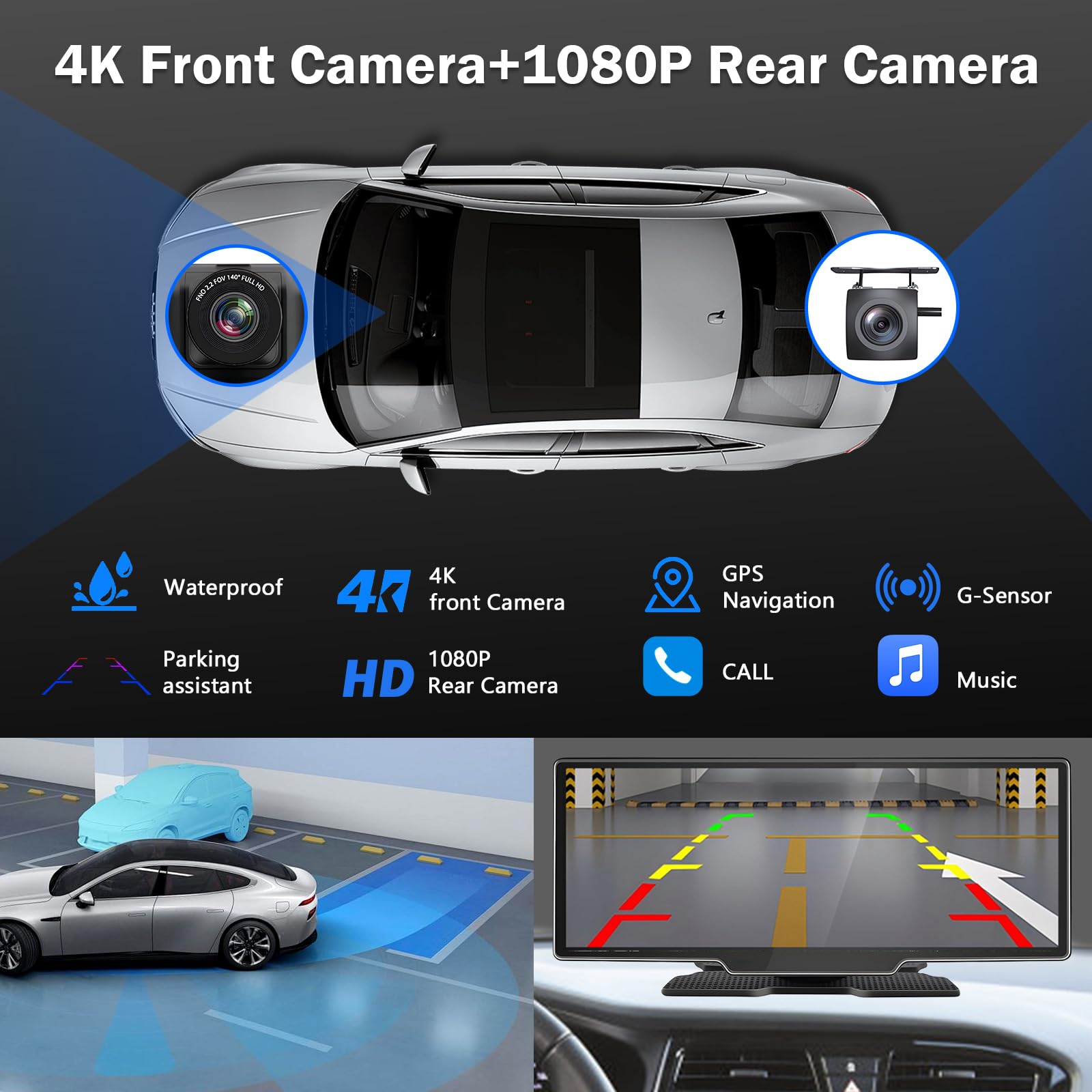 Autoradio Portatile 10.26'' CarPlay Wireless & Android Auto, Dash Cam 4K, Telecamera Retromarcia 1080P, Schermo Auto, Navigatore GPS, Airplay, Mirror Link