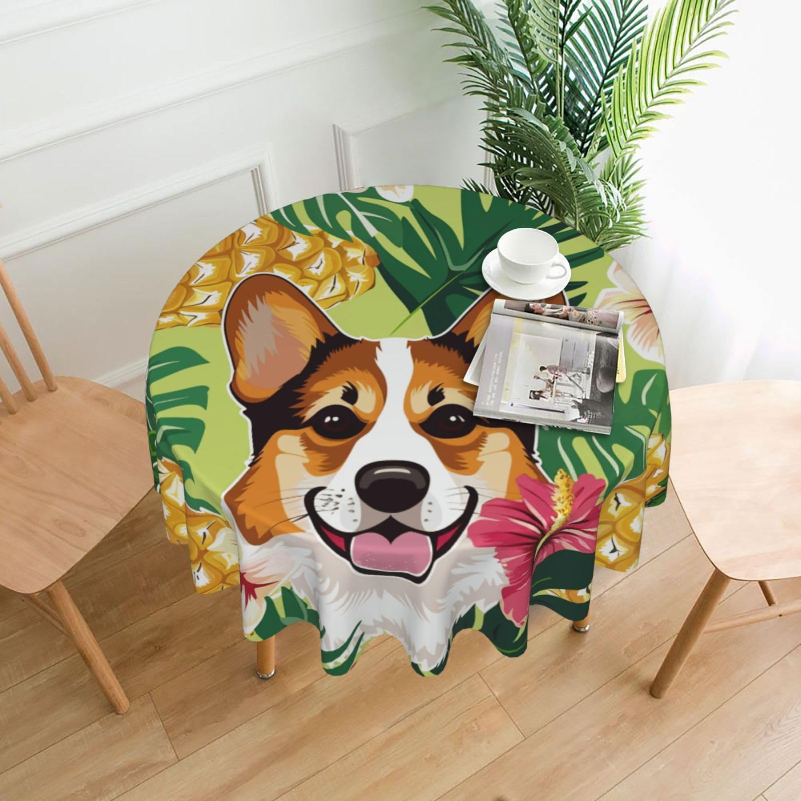WPKJU Corgi Hawaiian Tropical Summer Pineapple Printed Round Tablecloth 60 in Water Resistant Table Cover Washable Table Cloth for Dining Tables
