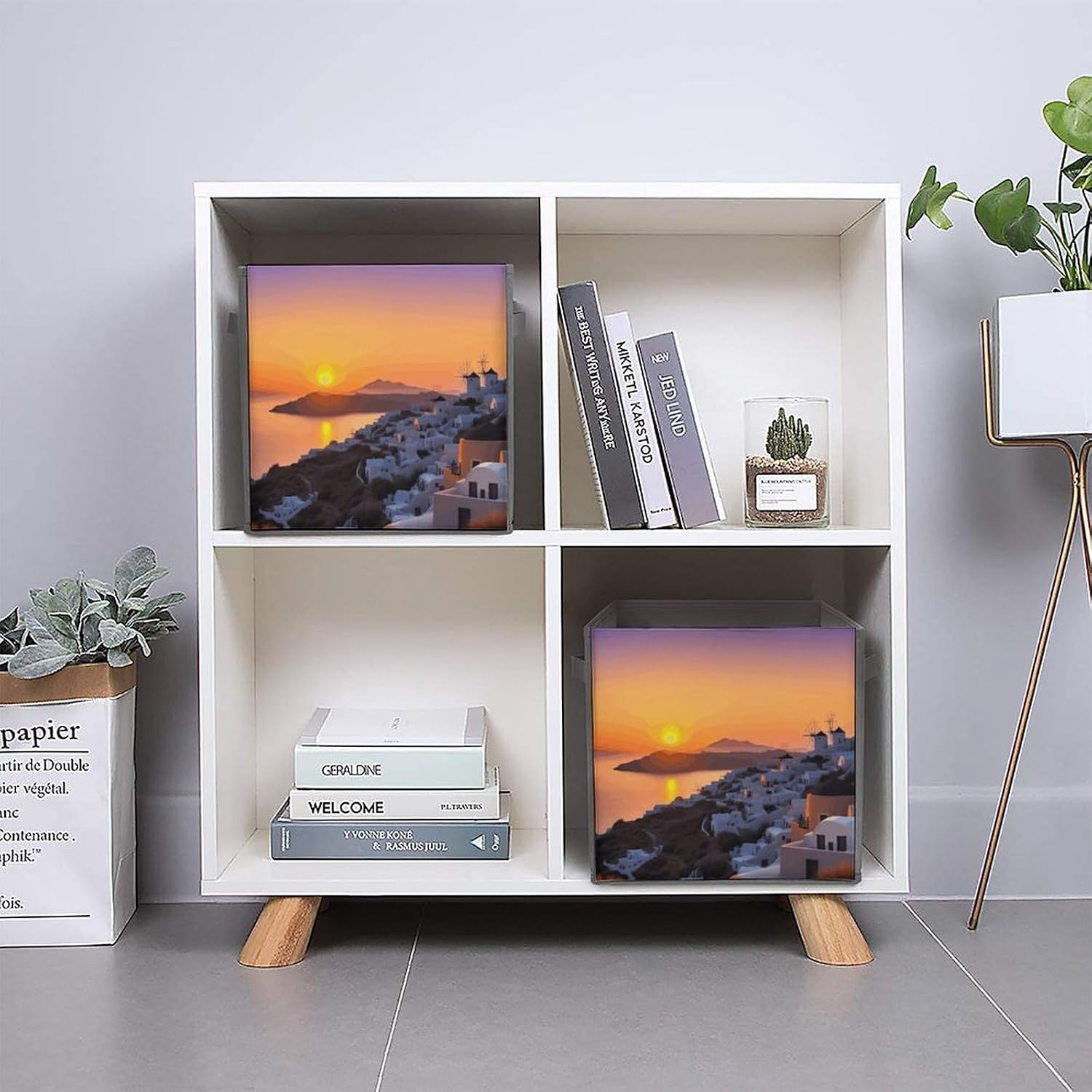 Folding Storage Bins Oxford Fabric Clothes Storage Boxes with Handles | Greece Island Sunset Landscape Cube Organizer, Easy to Store, Multi Functional Cube Storage Organizer for Office Bedroom