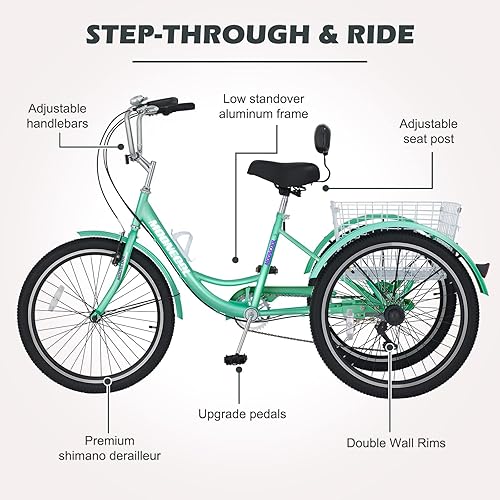 Miniatura 4 de ABORON Triciclos para adultos, 202426 pulgadas con mango de freno de estacionamiento, desviador trasero de 7 velocidades, llantas de doble pared,