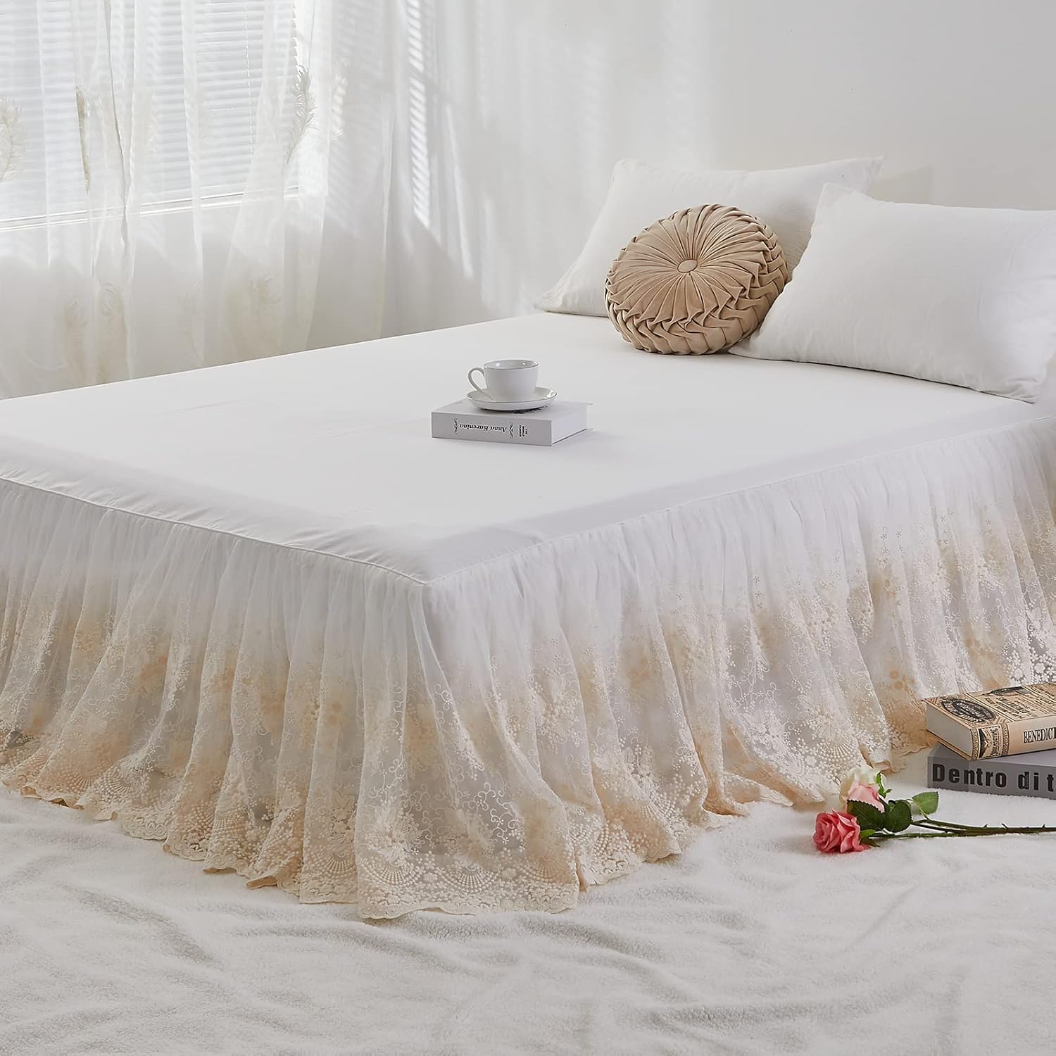 Brandream Luxury Cream White Lace Bed Skirt 18 Inch Drop King Size – Heirloom Floral Lace, Double Layer Cotton, Romantic Cottage Farmhouse Premium Boutique Bed Skirt