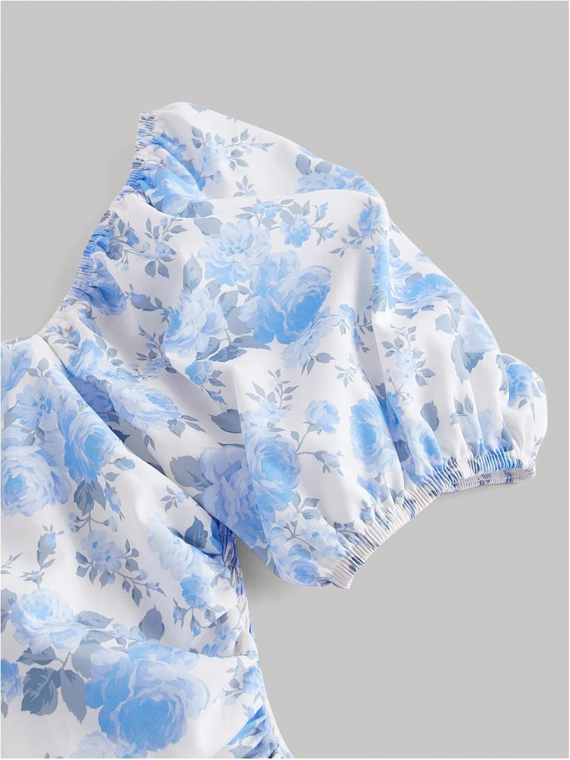 WDIRARA Women's Floral Print Puff Sleeve Square Neck Midi Dress Boho Ruched Smocked Ruffle A Line Dresses - Image 2