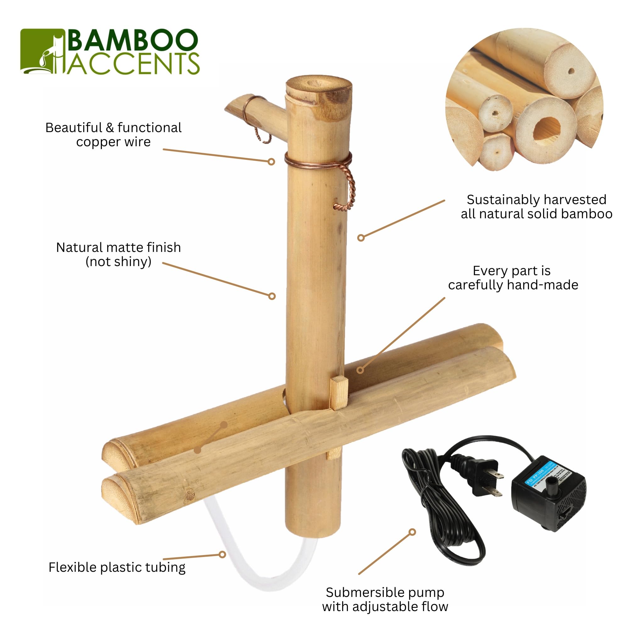 Bamboo Accents Kit de Fontaine de Jardin Zen - Bec Réglable Finition Mate Lisse - 220V Pompe Submersible - Fontaine à Eau Intérieure et Extérieure, Contenant Non Inclus (30 cm Demi-Ronds Réglables)