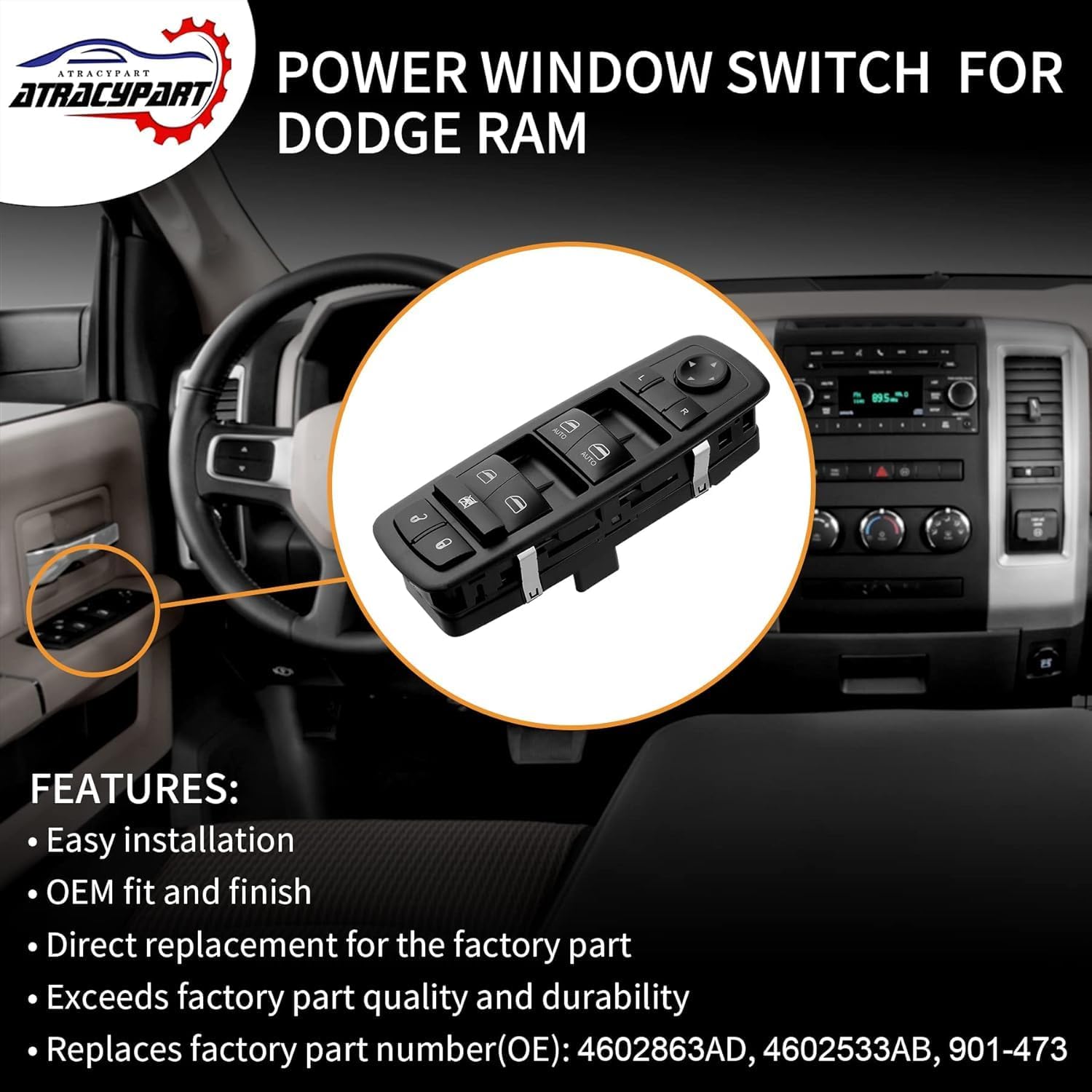 Master Power Window Switch Driver Side Control Button | Compatible with Dodge Ram 1500/2500/3500 2009 2010 2011 2012 | Replaces# 4602863AD, 4602533AB, 4602533AE, 901-473 | 3Pins + 9 Pins