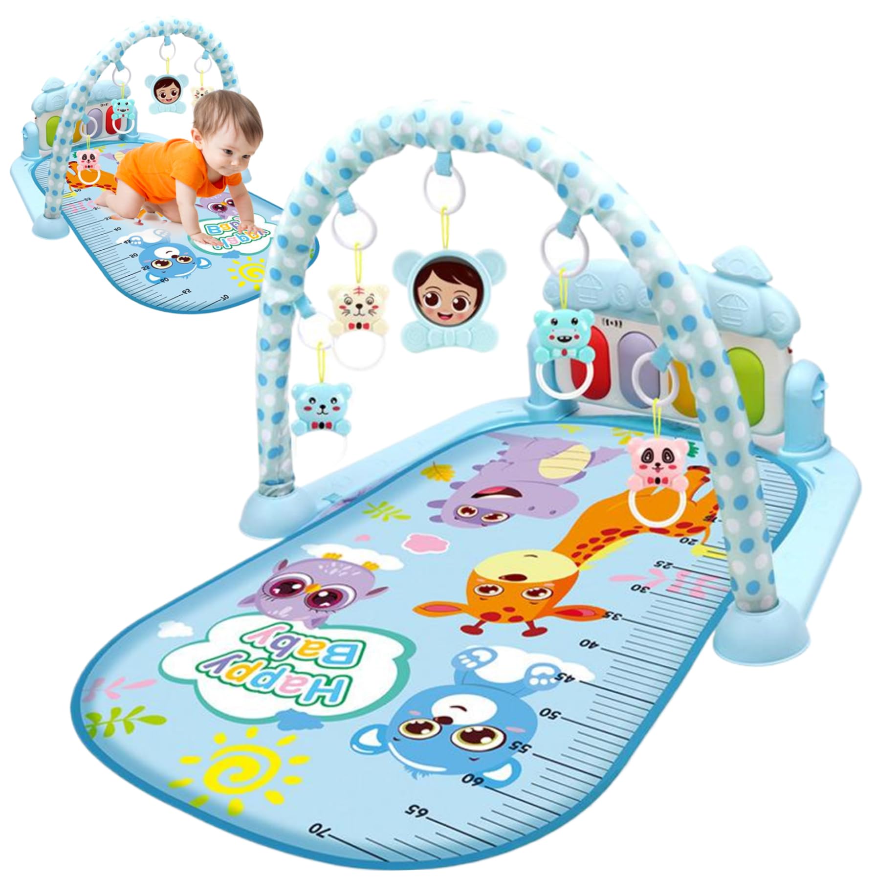 Baby Activity Center with Music & Light Safe & Easy Baby Gym Play Mat with Rattle Pendant Removable Play Mat with Adjustable Board for Newborns and Toddlers Blue