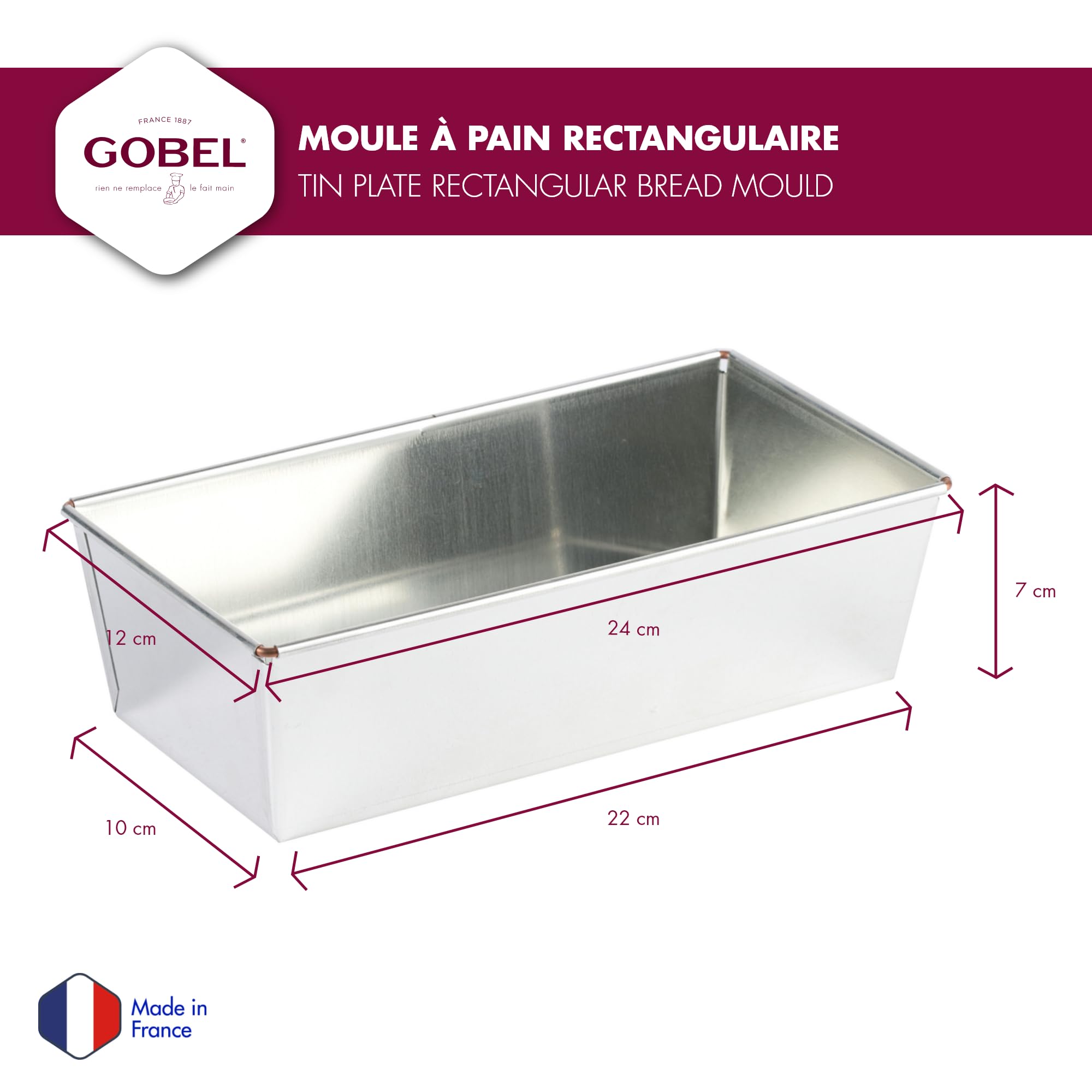 Gobel - Moule à Pain Rectangulaire - 24 * 12 cm - Indéformable - Fer Blanc - Matériau Recyclable - Excellente conductivité Thermique - Fabriqué en France