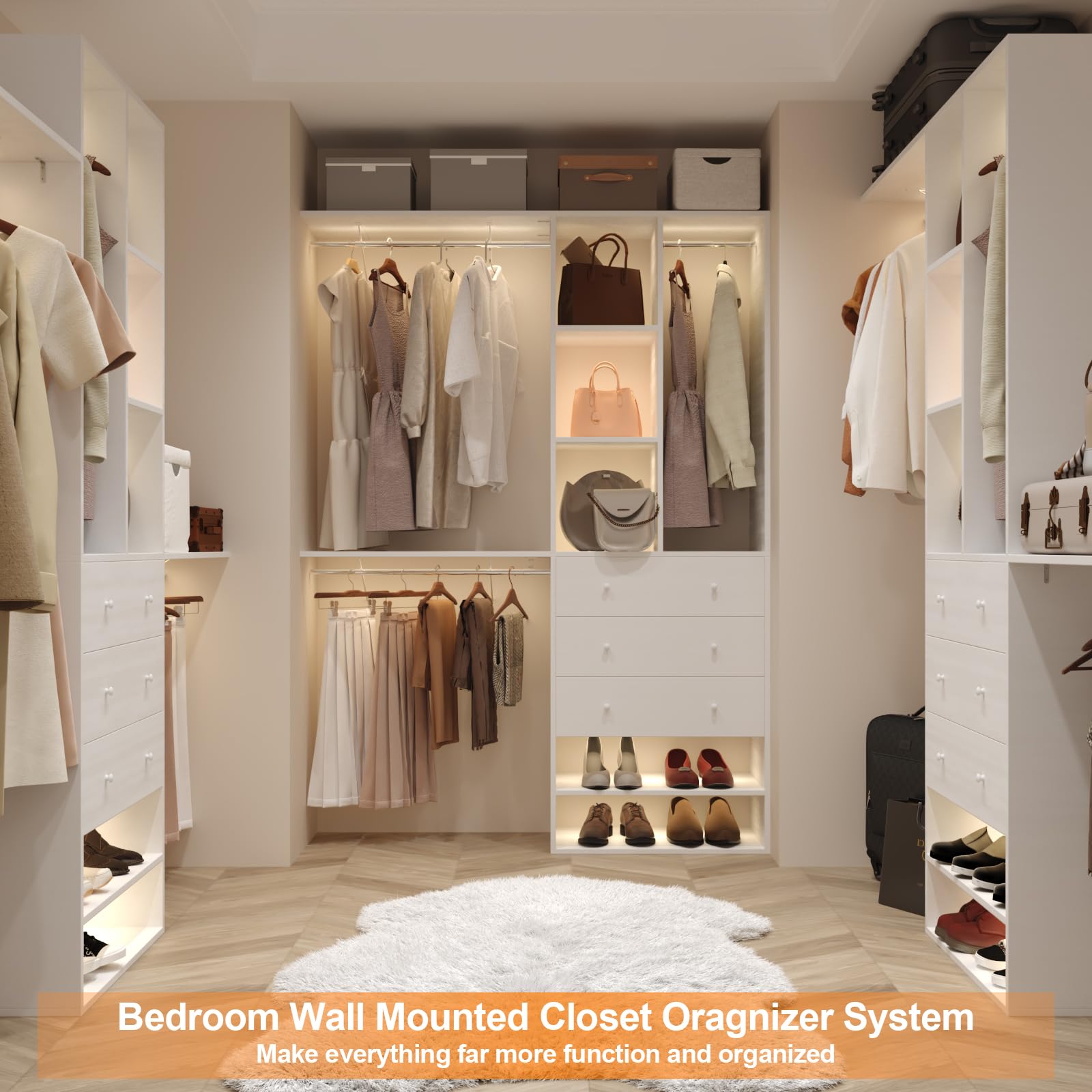 80inch Wall-Mounted Closet Organizer System with 3 Hanging Rods and 3 Drawers – Walk-in Wardrobe with Reversible Shelving for Bedroom Storage