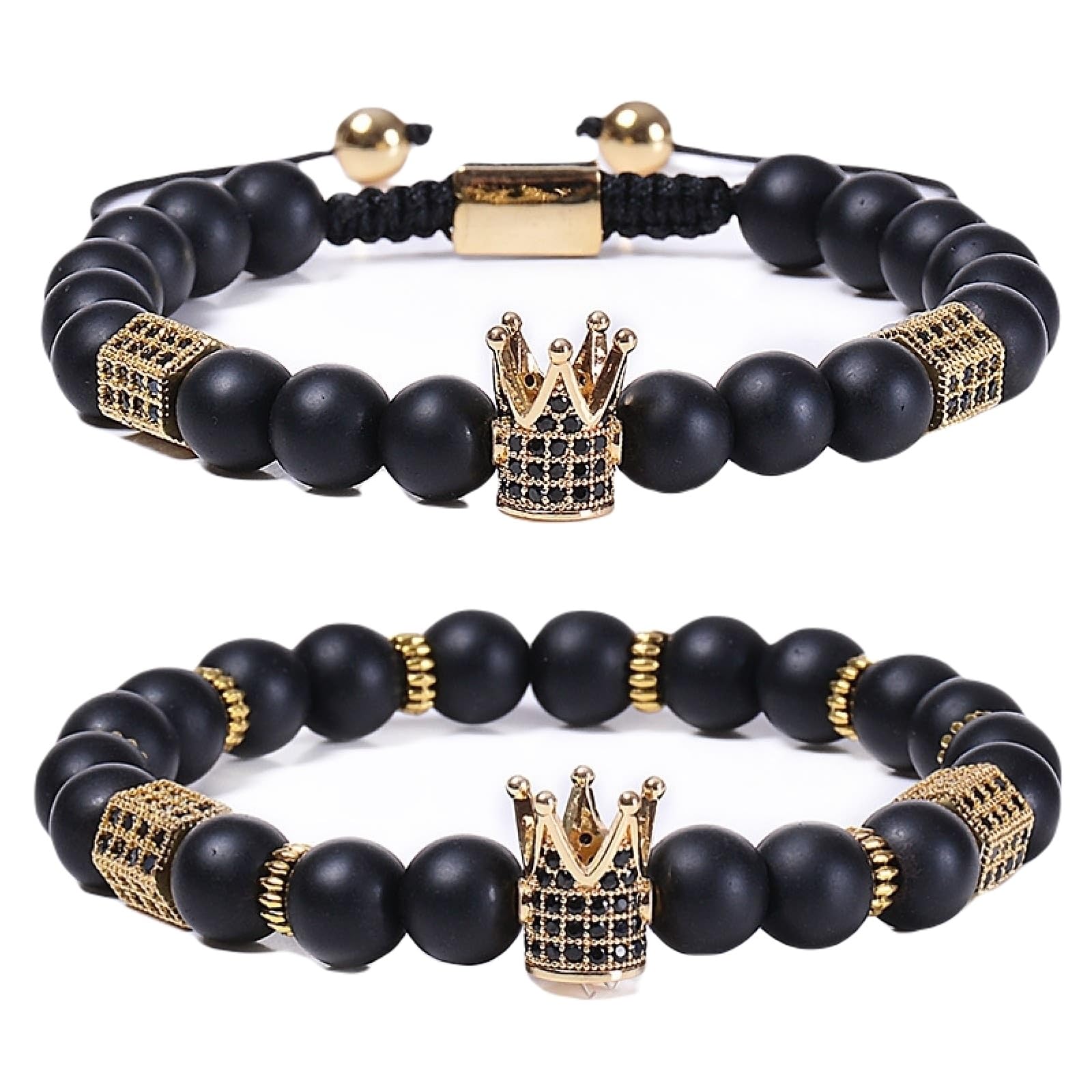 Wycian Perlen für Armbänder Naturstein, Armband Schwarz Elegant Kristall Metalllegierung Elastische Natursteinperlen mit Krone 18cmx8mm Naturstein Hochzeit