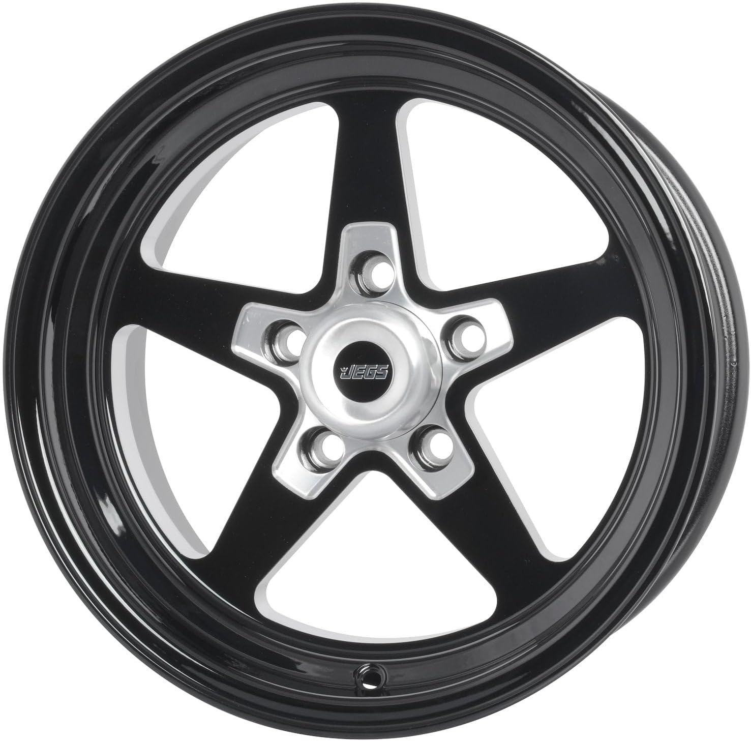JEGS SSR Star Aluminum Wheel 15in.x 7in.| 5 x 4.5in.Wheel Bolt Pattern Spacing | 0 mm Offset | 4in.Backspacing | Gloss Black Powder Coat | 3.27in.Center Bore | Includes Center Cap