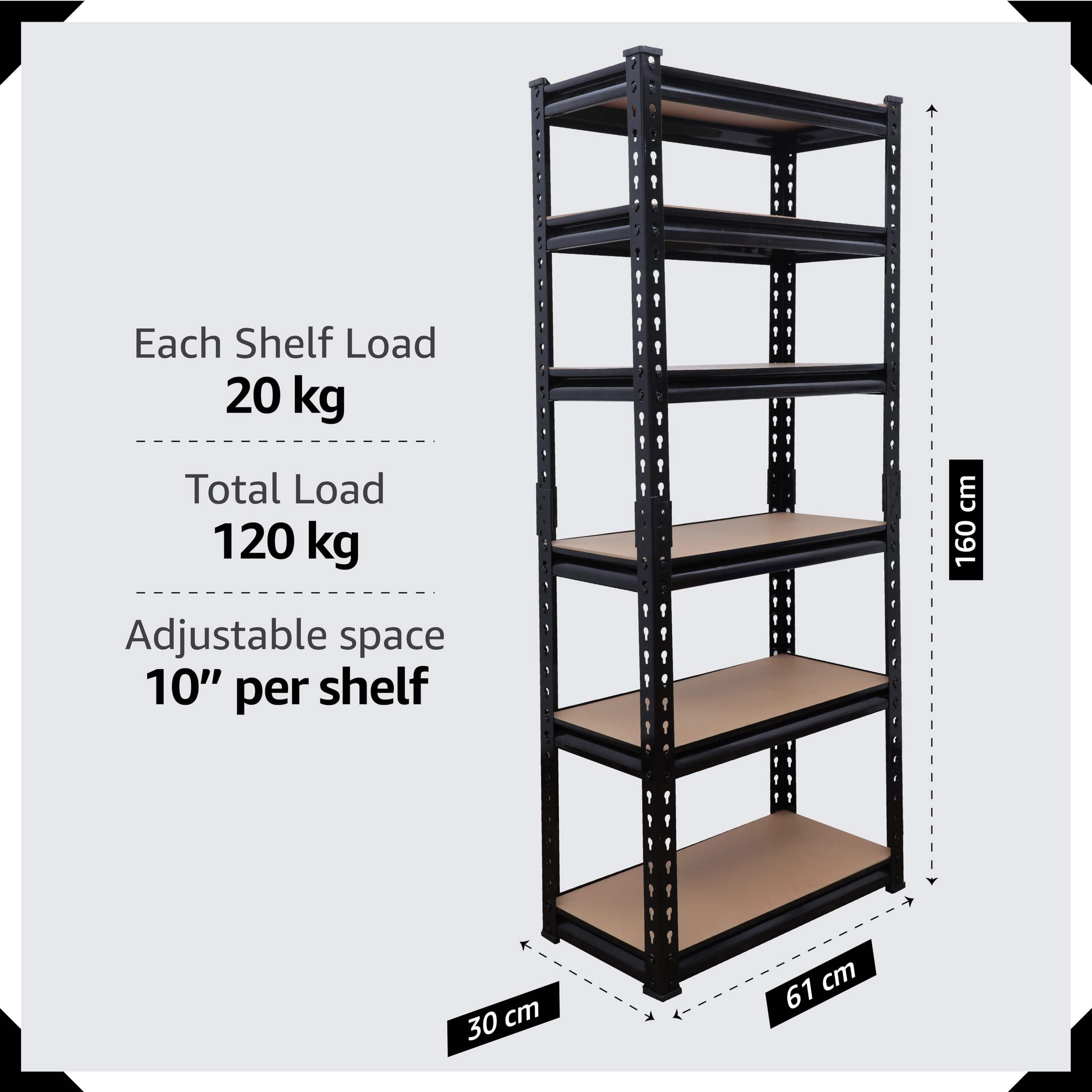 BonKaso Adjustable Set of 6-Shelf Metal Storage Shelving Unit, Steel Bootless Rivet Utility Display Rack Garage Shelves, 62 Inches Height(62 X 24 X 12 Inc) Black - Image 2 thumbnail