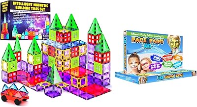 Desire Deluxe Creative Play Bundle – Magnetic Tiles Building Blocks 57PC & Washable Face Paint Kit | STEM Construction & Imaginative Party Fun for Kids