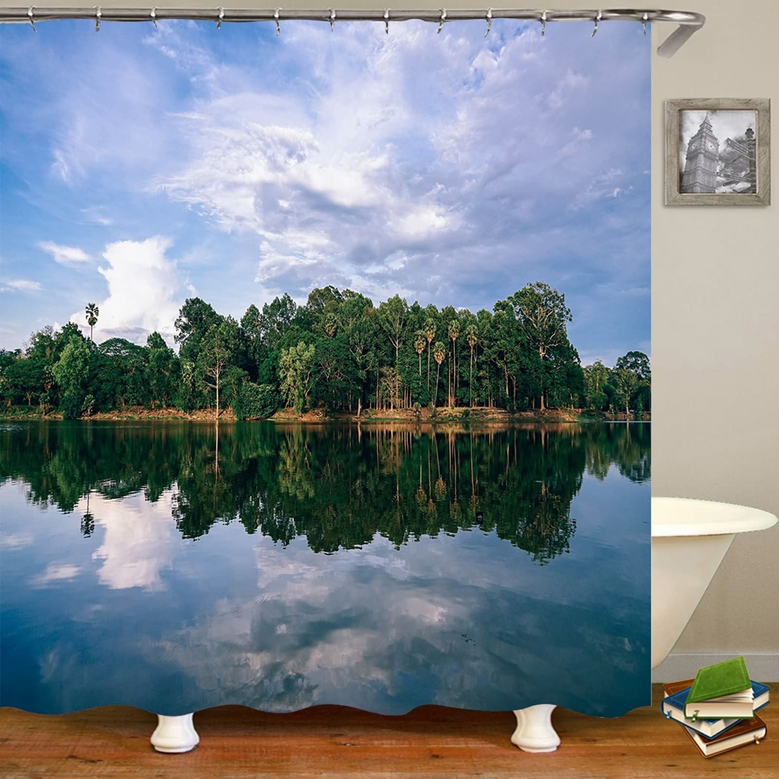 Rideau de douche motif arbres lac rideau salle de bain imperméable 180x200cm anneaux