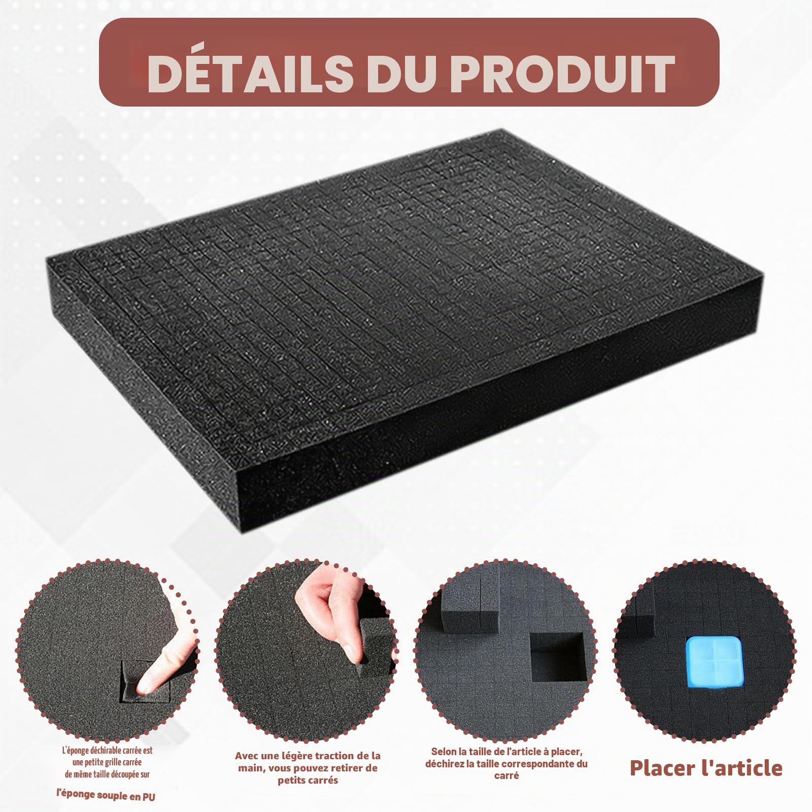 Mousse quadrillée en polyuréthane noir : insert à outils, mallette à outils, mousse pour appareil photo, tablette (4 x 400 x 300 x 2,5 mm + 4 x 400 x 300 x 10 mm)