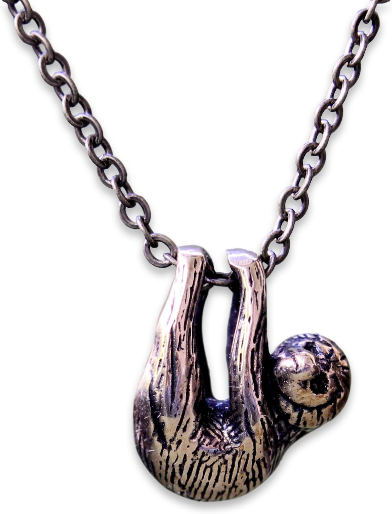 Moon Raven Designs Tiny Sloth Pendant Necklace - Silver Plated White Bronze - Hung on a 24" Stainless Steel Chain