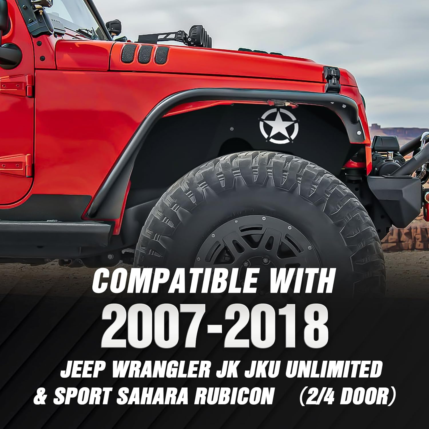 for Wrangler JK Front Inner Fender Liners Compatible with 2007-2018 Jeep Wrangler JK & JKU Unlimited 2/4 Doors, White Star Logo Wheel Well Liners Mud Guards Steel Fender Flares Cover (2 PCS)