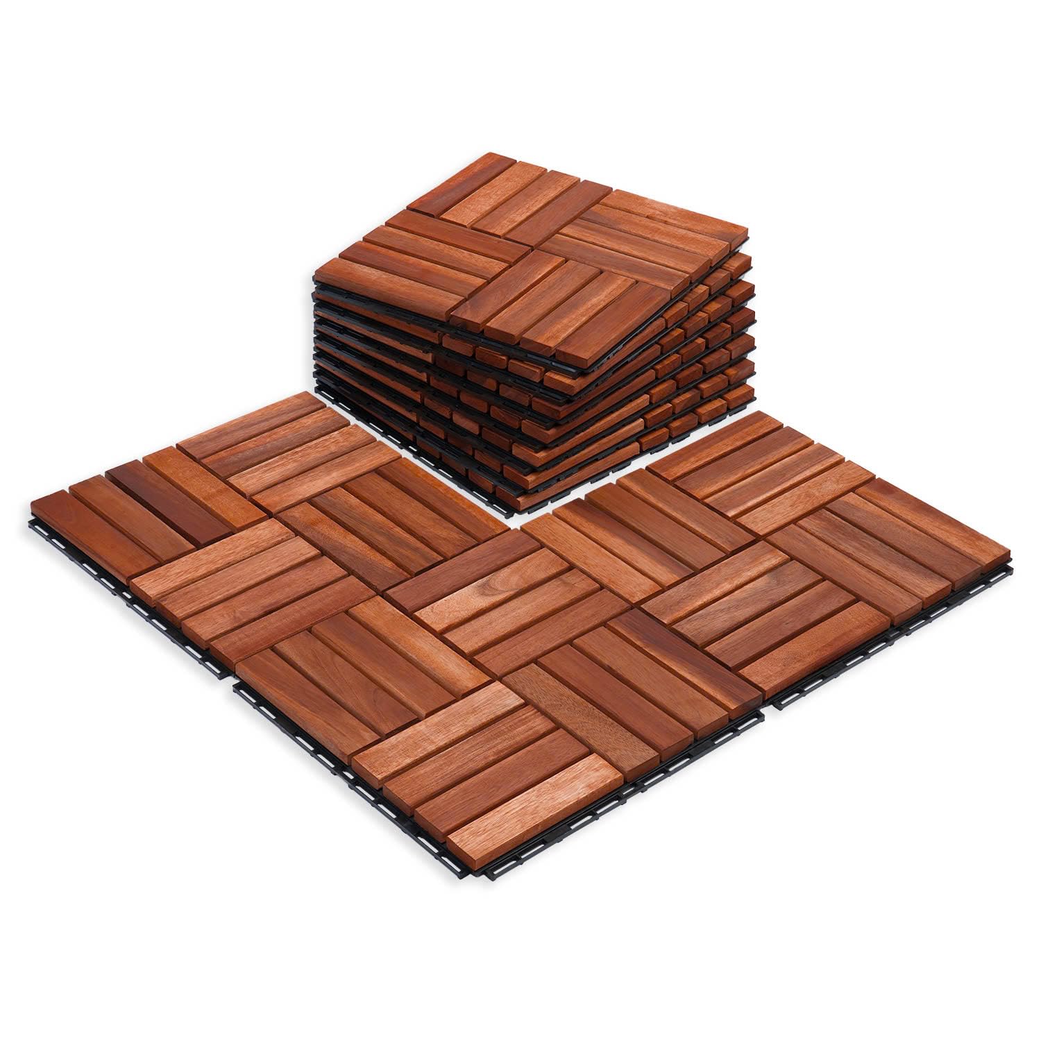 10 PCs Interlocking Deck Tiles, 12x12x0.75 inches Waterproof Wood Patio Floor Tiles for Indoor and Outdoor, Easy Snap Flooring, Balcony, Backyard, Square Joints, Teak