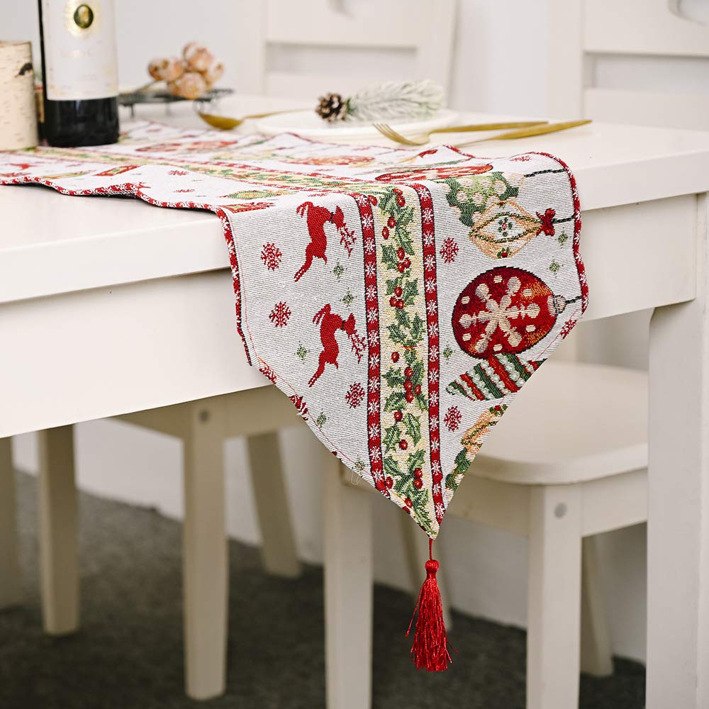 Runner Natalizio In Lino Ricamato Con Frange 180x35 Cm | Motivo Alce | Tovaglia Da Tavolo Decorativa