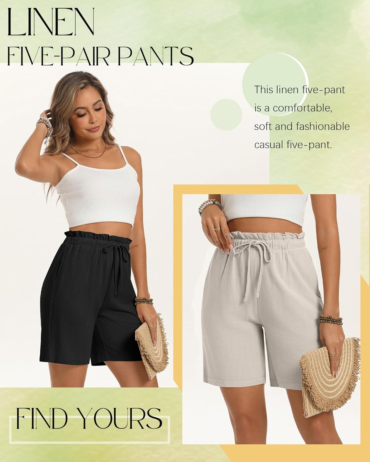 2 Pack Women's Linen Bermuda Shorts High Waist Wide Leg Summer Drawstring Mid Length Shorts with Pockets - Image 4