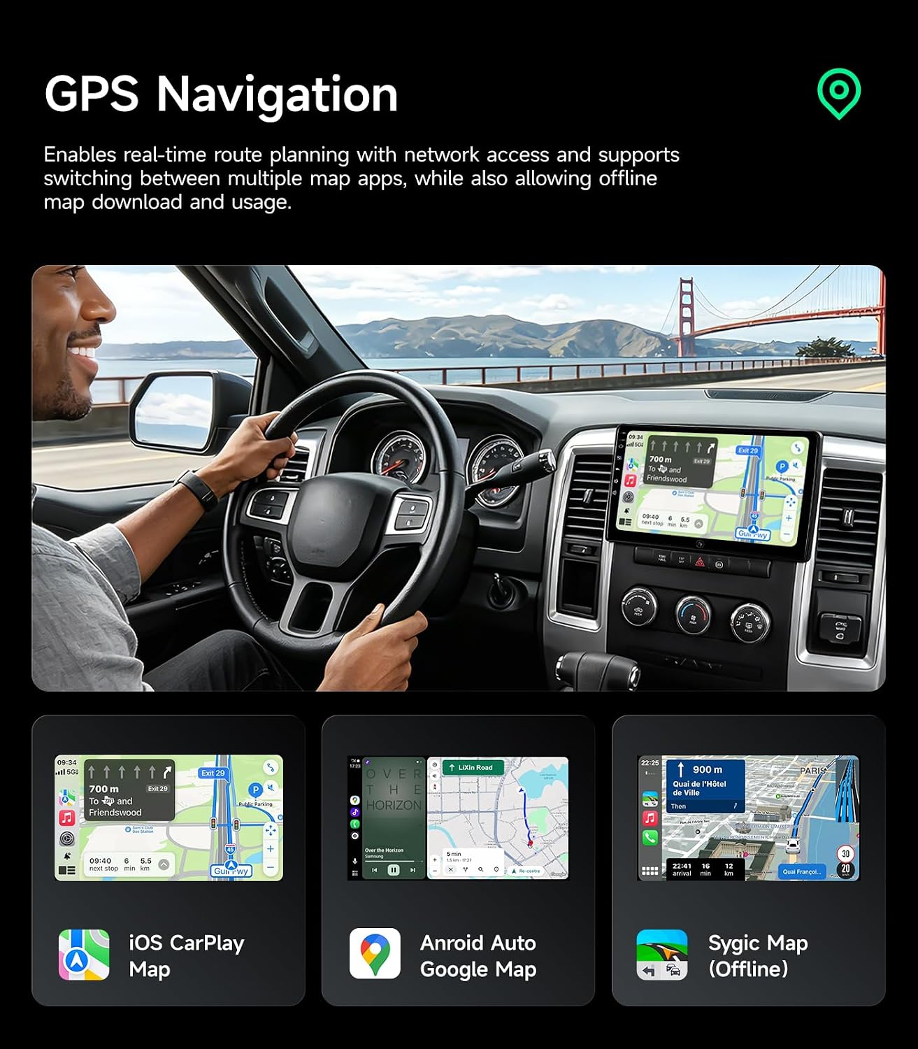 Car Radio Stereo for Dodge Ram 1500/2500/3500 06-12, CarPlay & Android Auto | 10.2-inch IPS touchscreen, 64G storage, 5G WiFi GPS, Bluetooth FM AM SWC, plug-and-play, HD backup camera