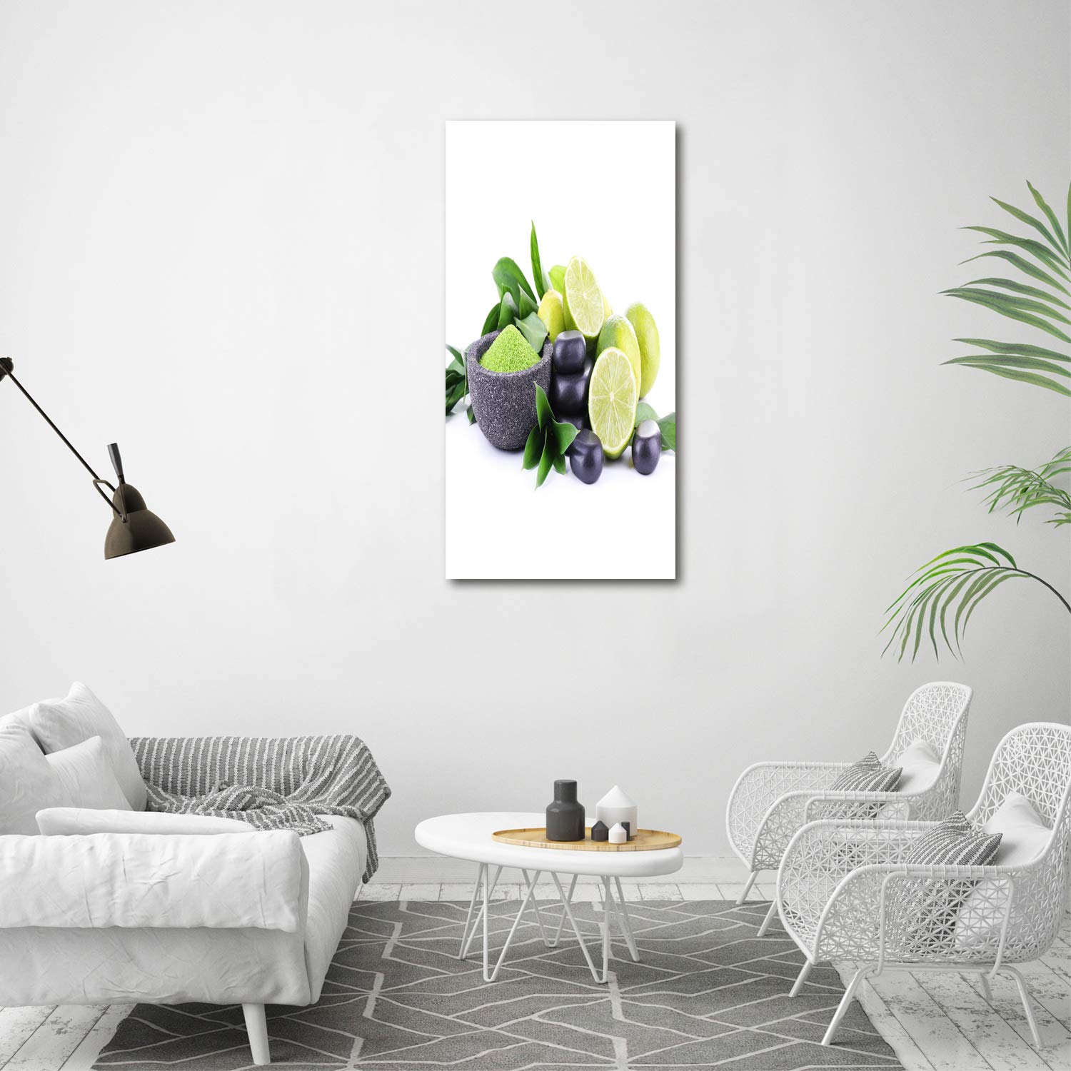 Tulup Impresión en vidrio - 60x120cm - Cuadro sobre Vidrio - Pinturas en Vidrio - Cuadro en Vidrio - Impresiones sobre Vidrio - Cuadro de Cristal - Comidas Y Bebidas - Verde - Frutas Cítricas Y Piedras